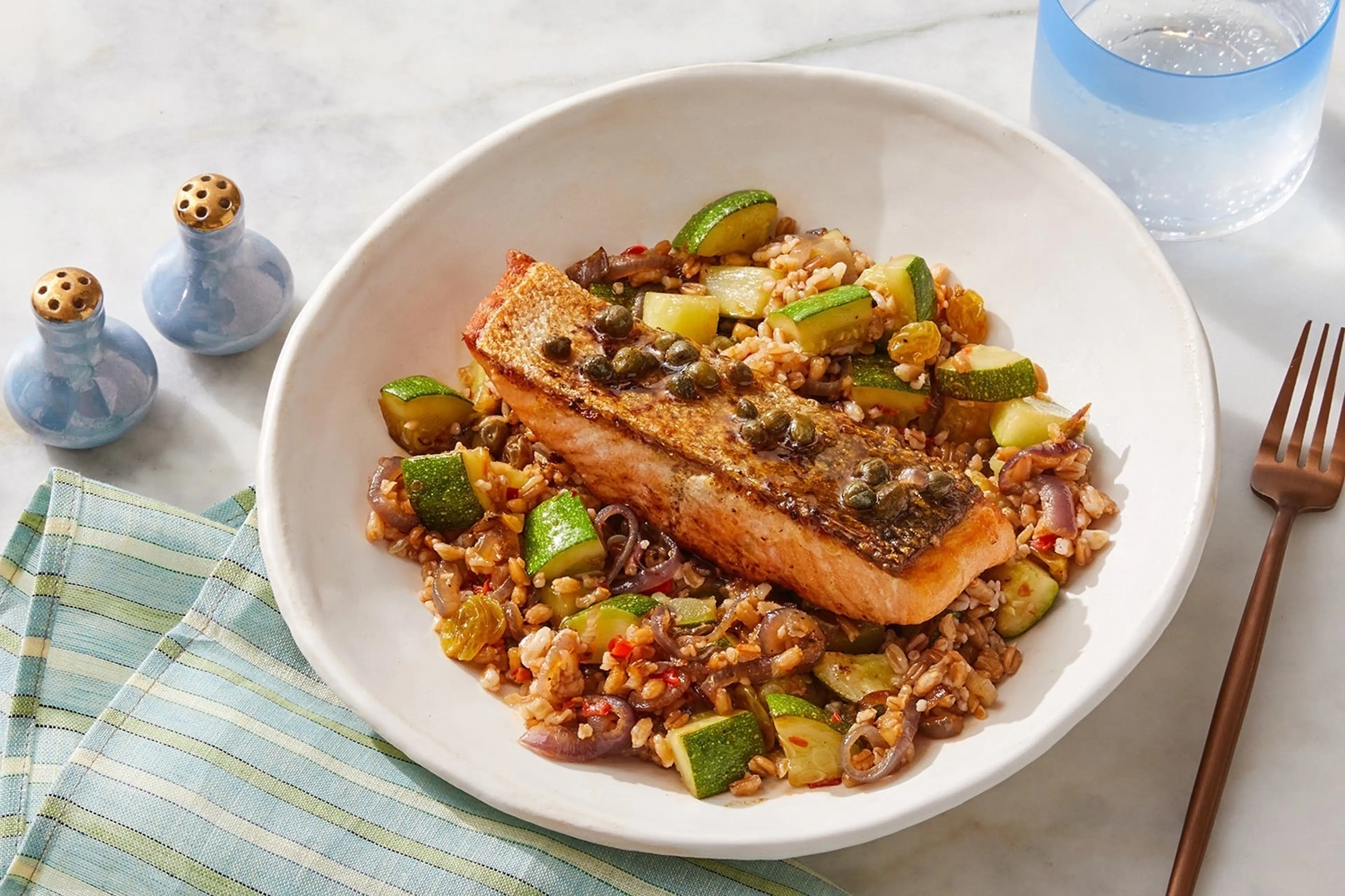 Lemon-Caper Trout over Warm Farro & Veggie Salad