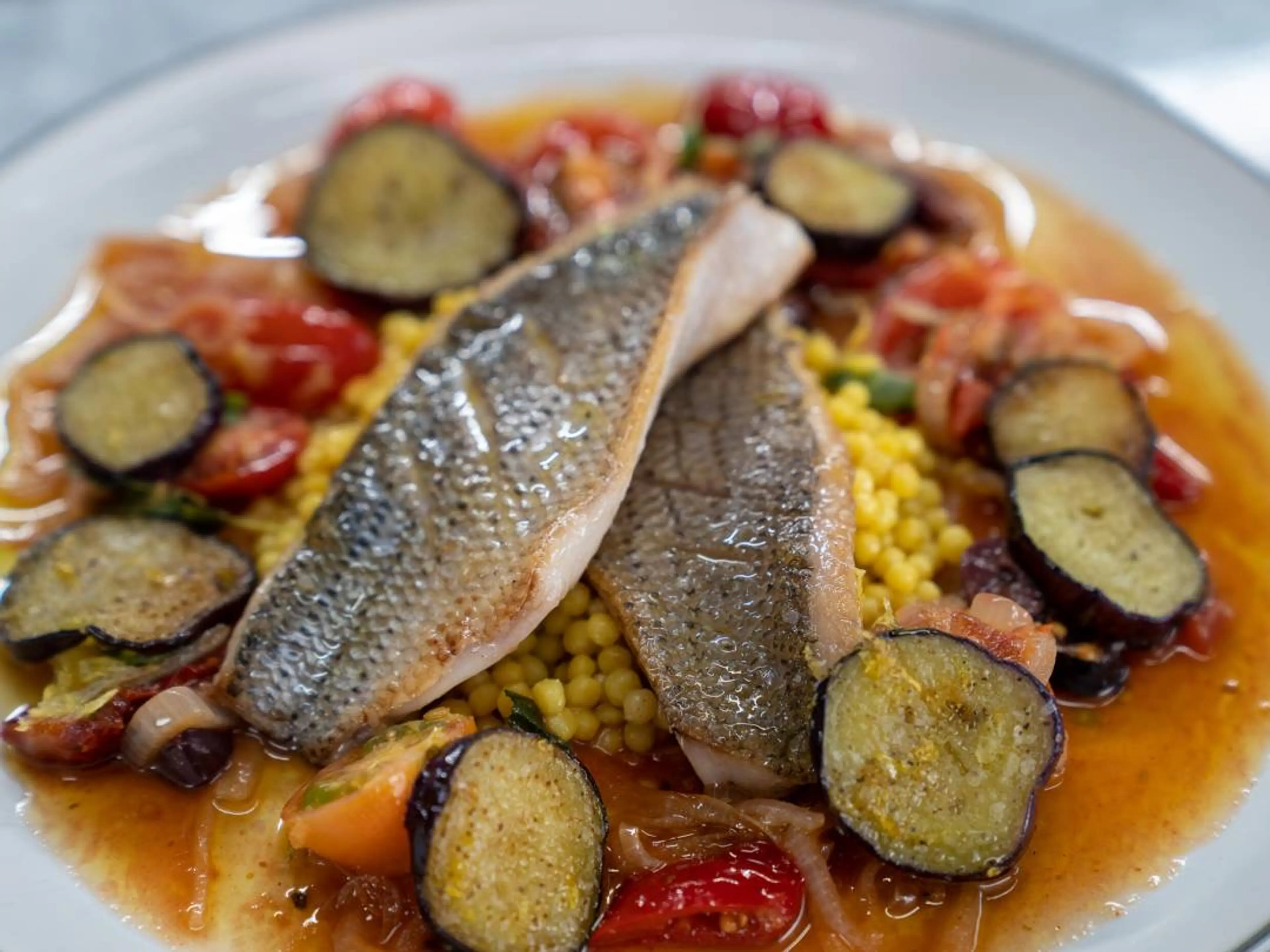 SEA BASS WITH ISRAELI COUSCOUS FROM RAMSAY IN 10