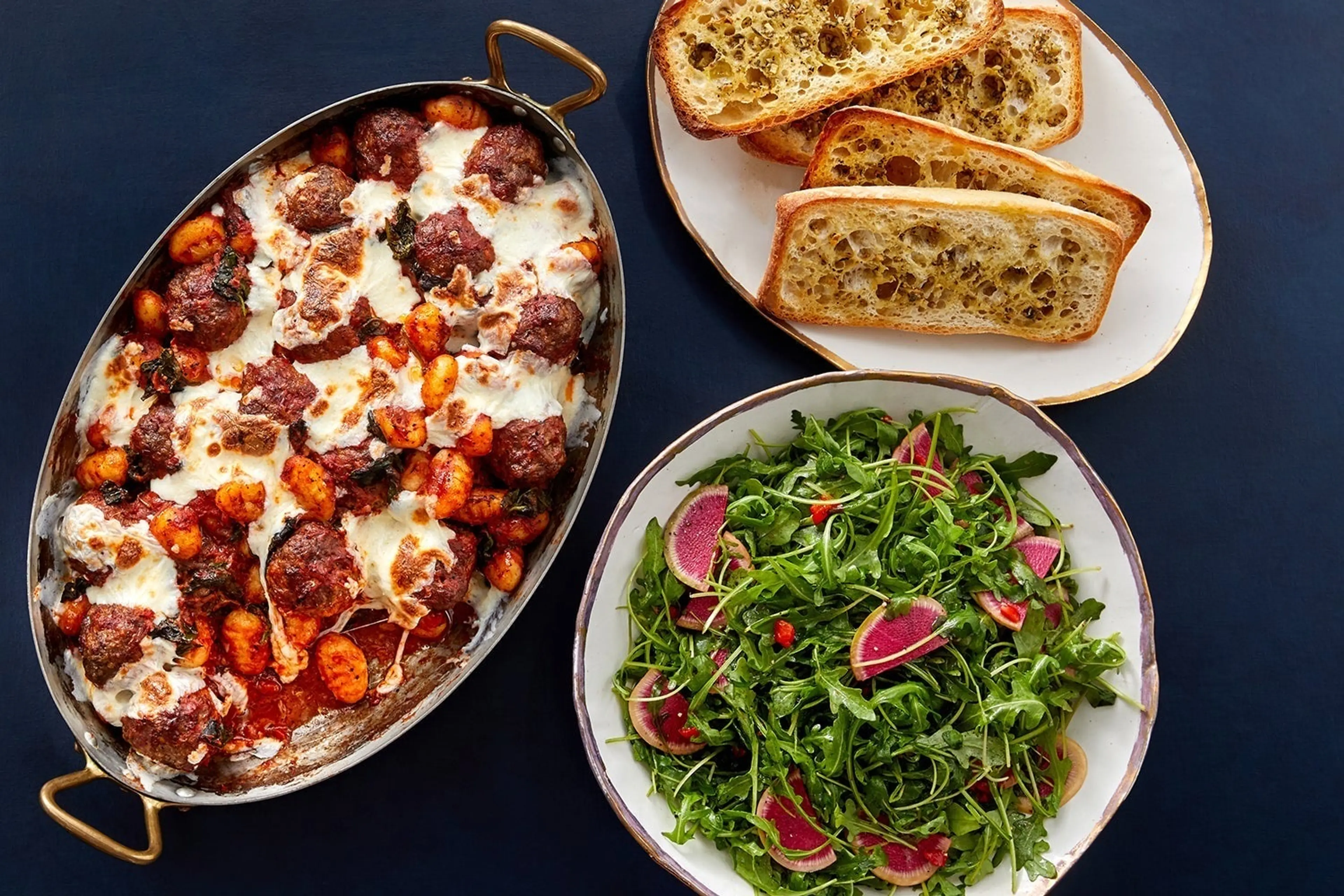 Cheesy Beef & Pork Sausage Meatball Bake with Gnocchi & Spin