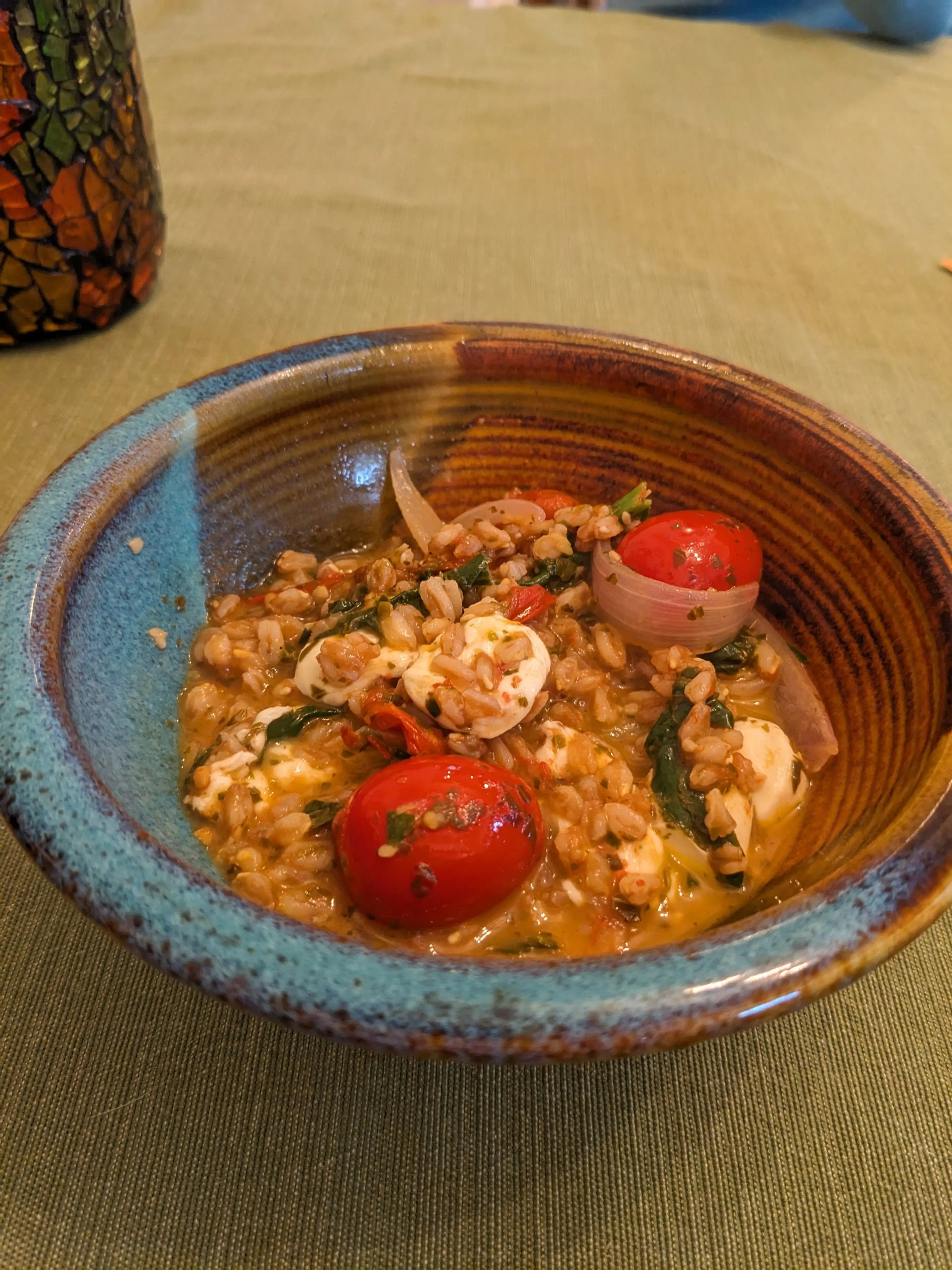 Farro With Blistered Tomatoes, Pesto and Spinach