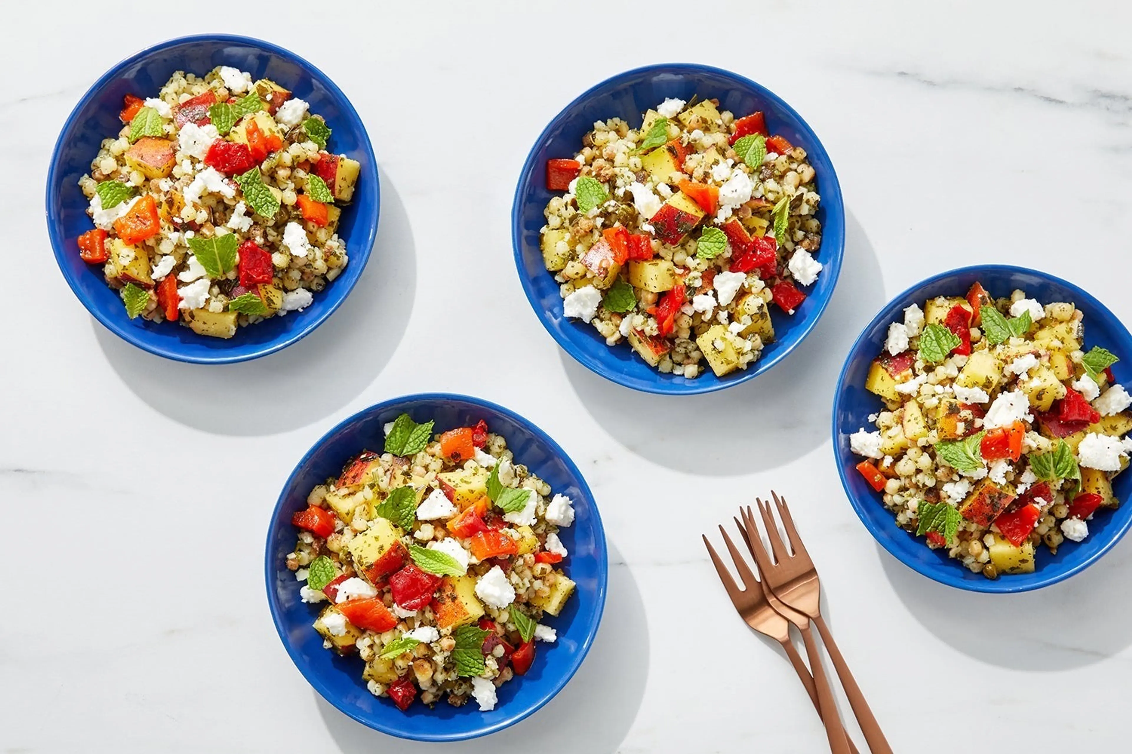 Peach & Feta Pasta Salad with Roasted Red Peppers & Mint