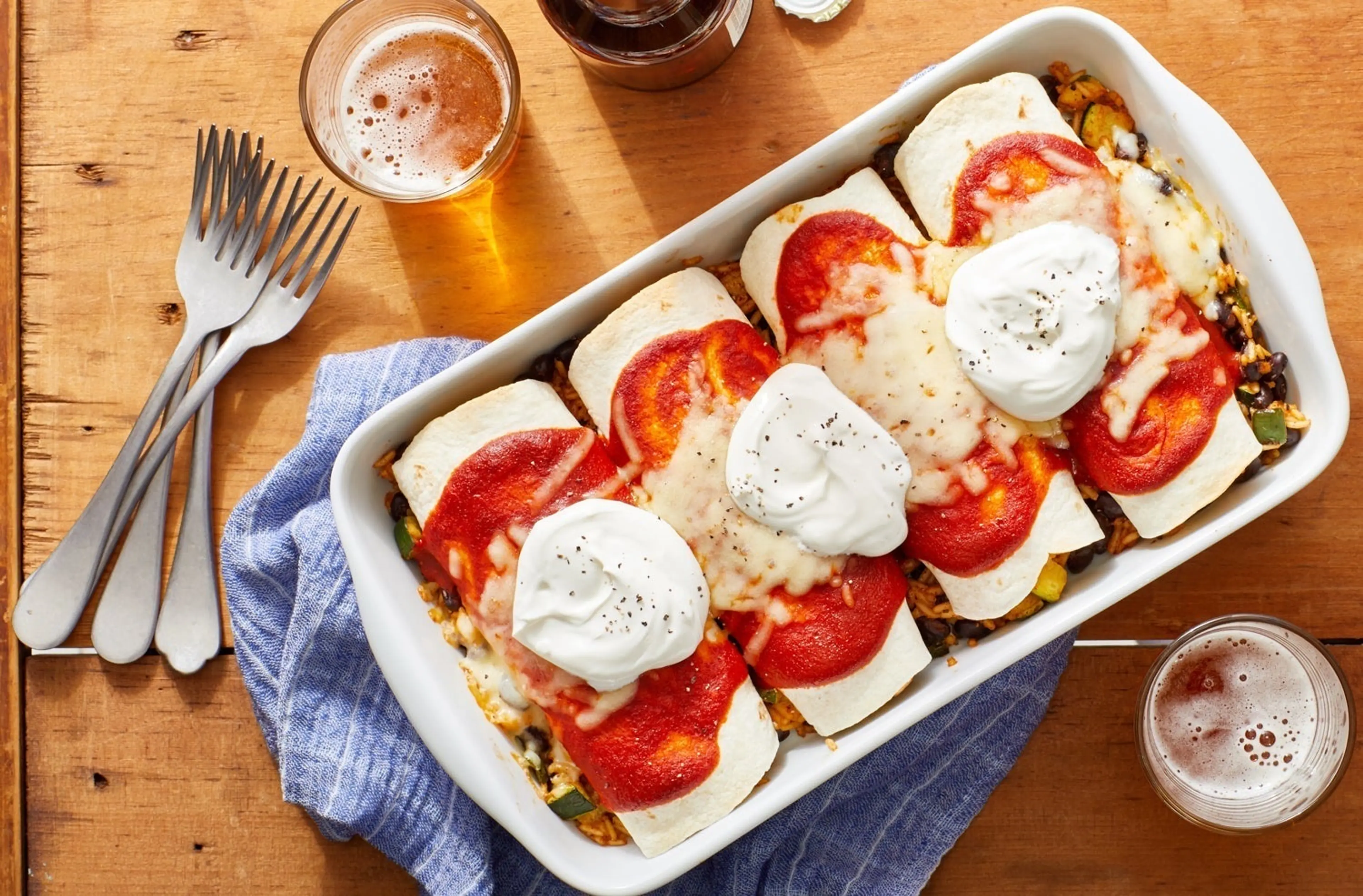 Cheesy Vegetable Enchiladas with Black Beans, Zucchini & Ric