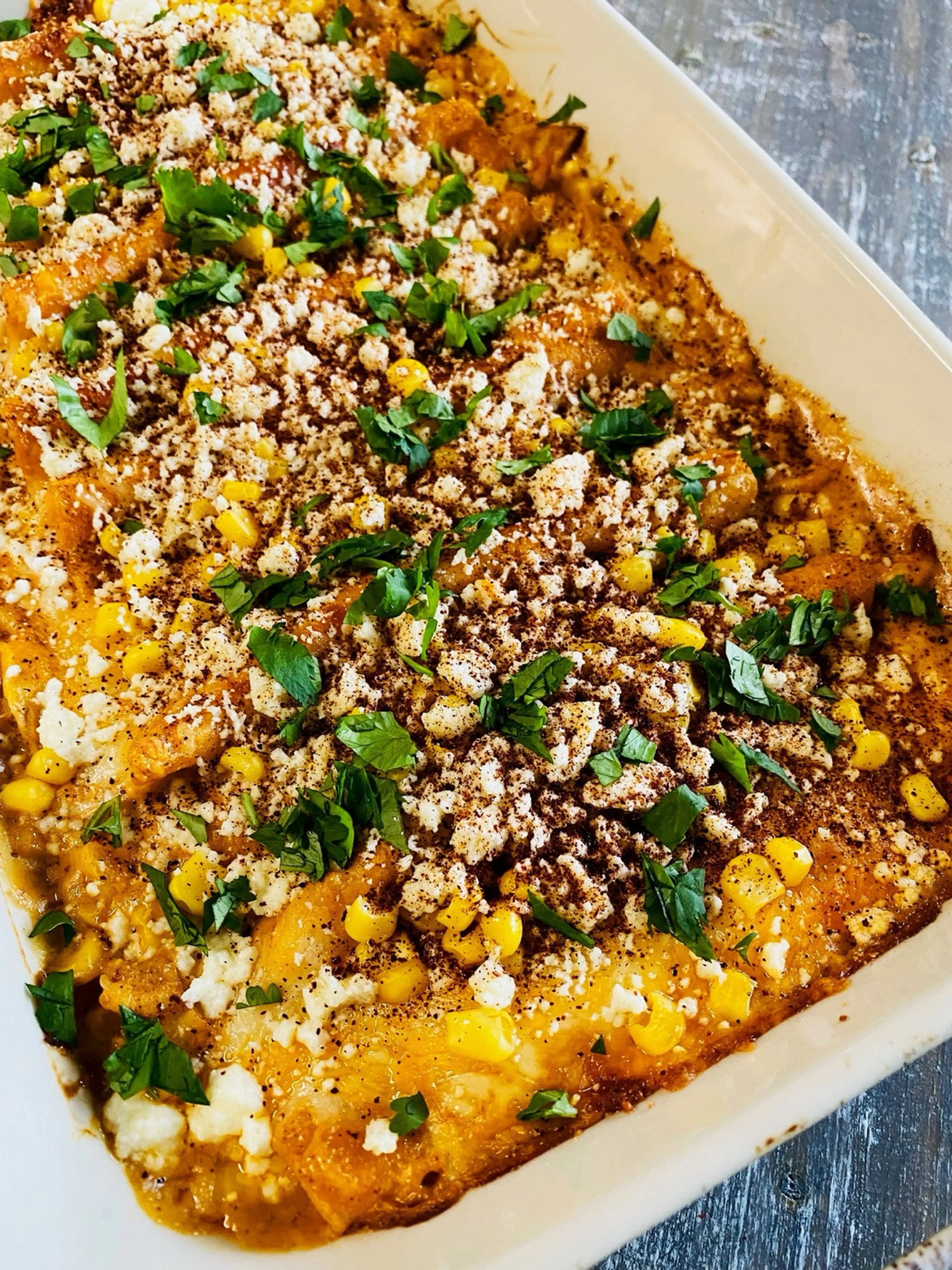 Mexican Street Corn Chicken Enchiladas