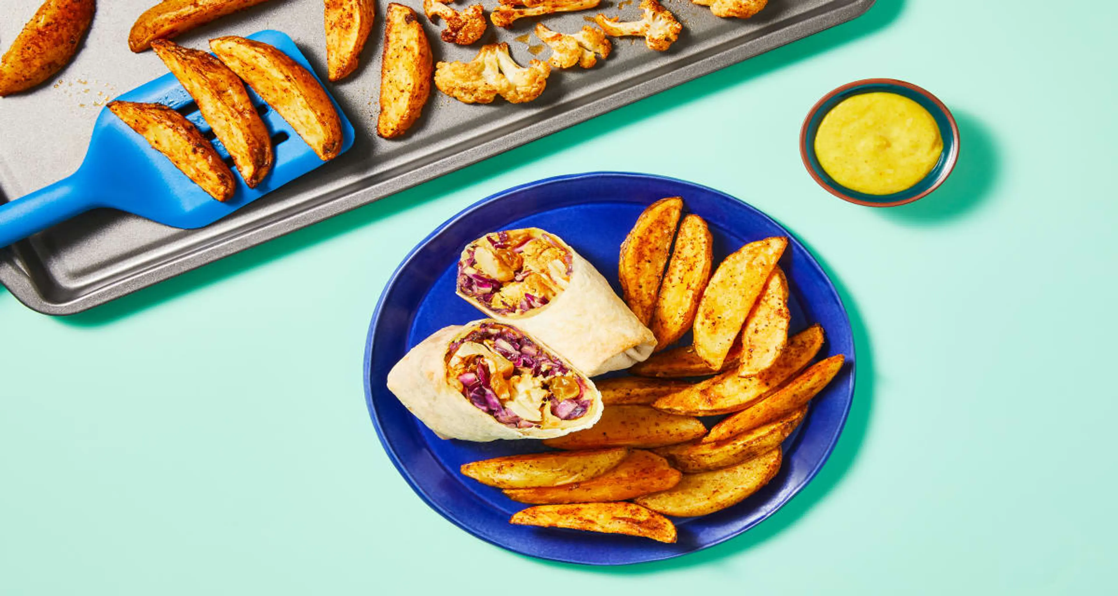 Sheet Pan Curry Cauliflower Wraps with Potato Wedges & Curry