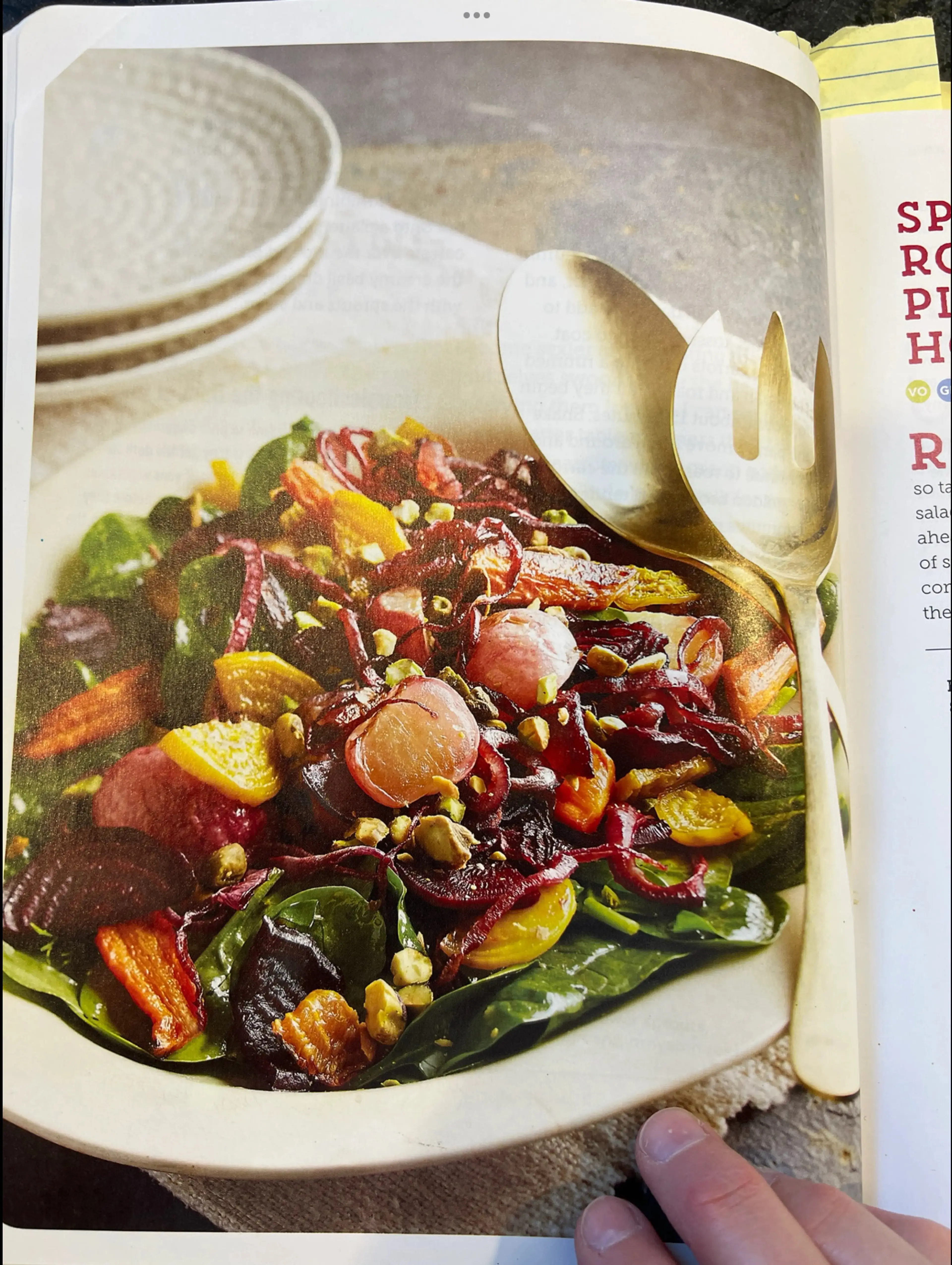 SPINACH, ROASTED ROOT "PETALS," PISTACHIOS, AND HONEY VINA