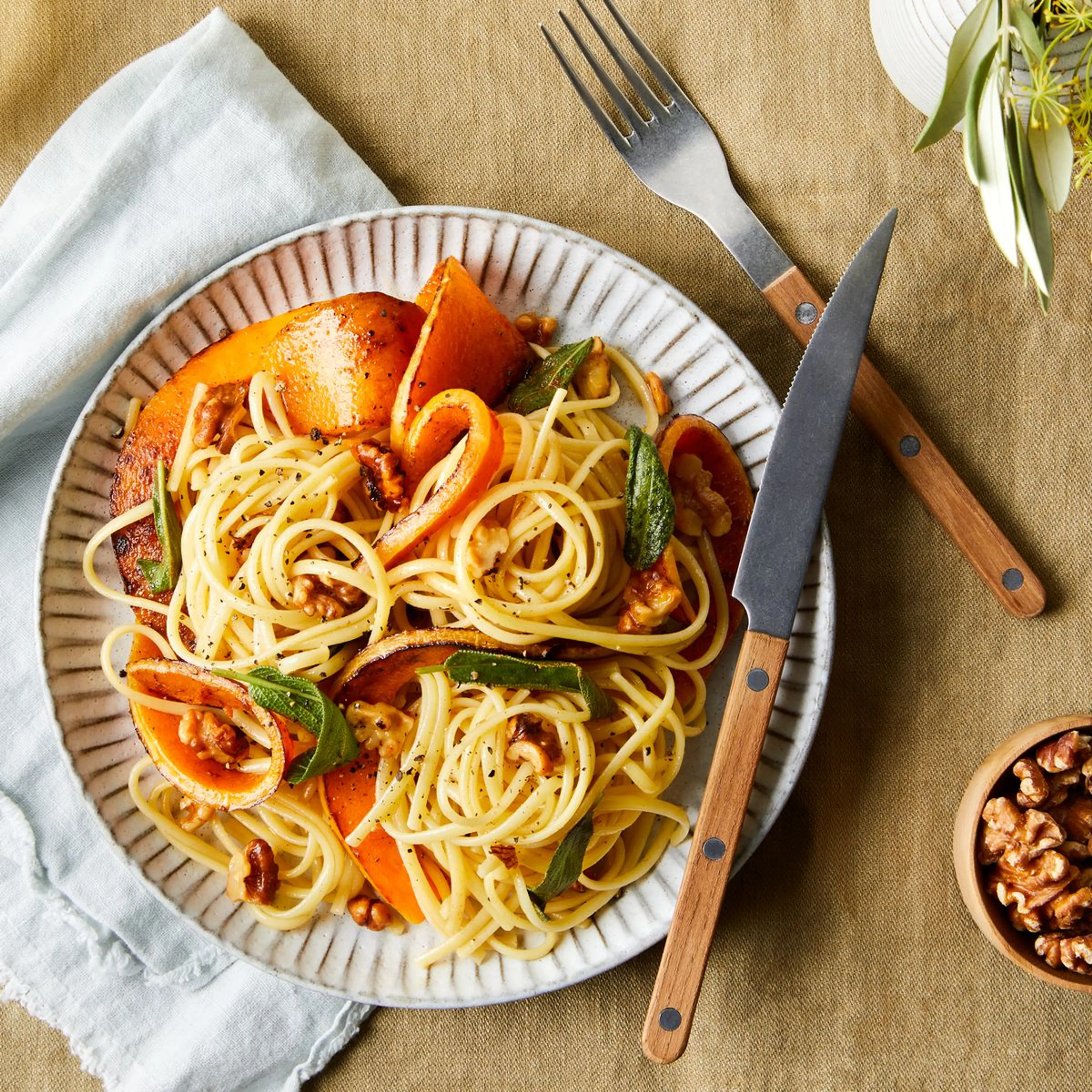 Brown Butter Pasta With Butternut Squash, Walnuts & Sage