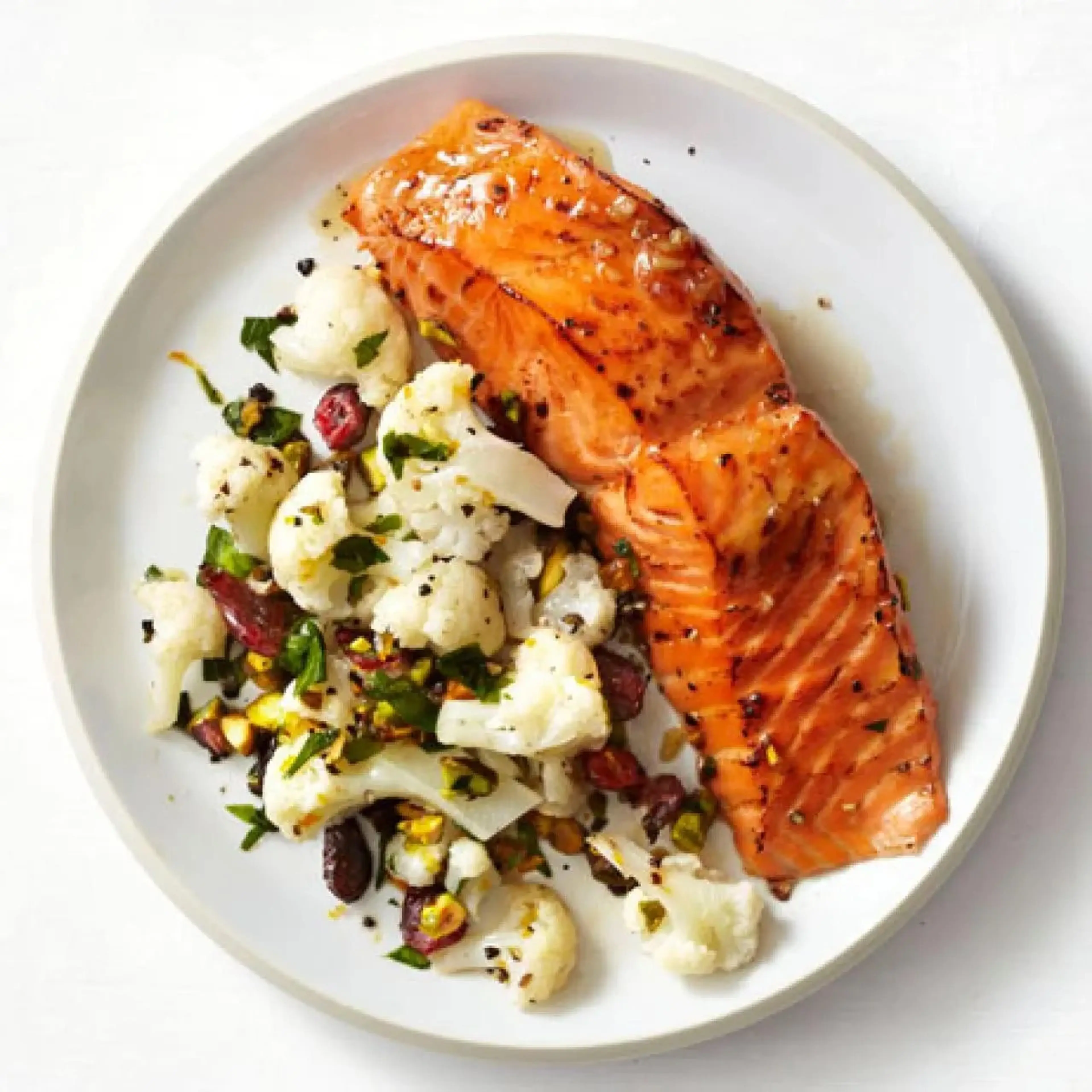 Soy-Maple Salmon with Cauliflower and Pistachios