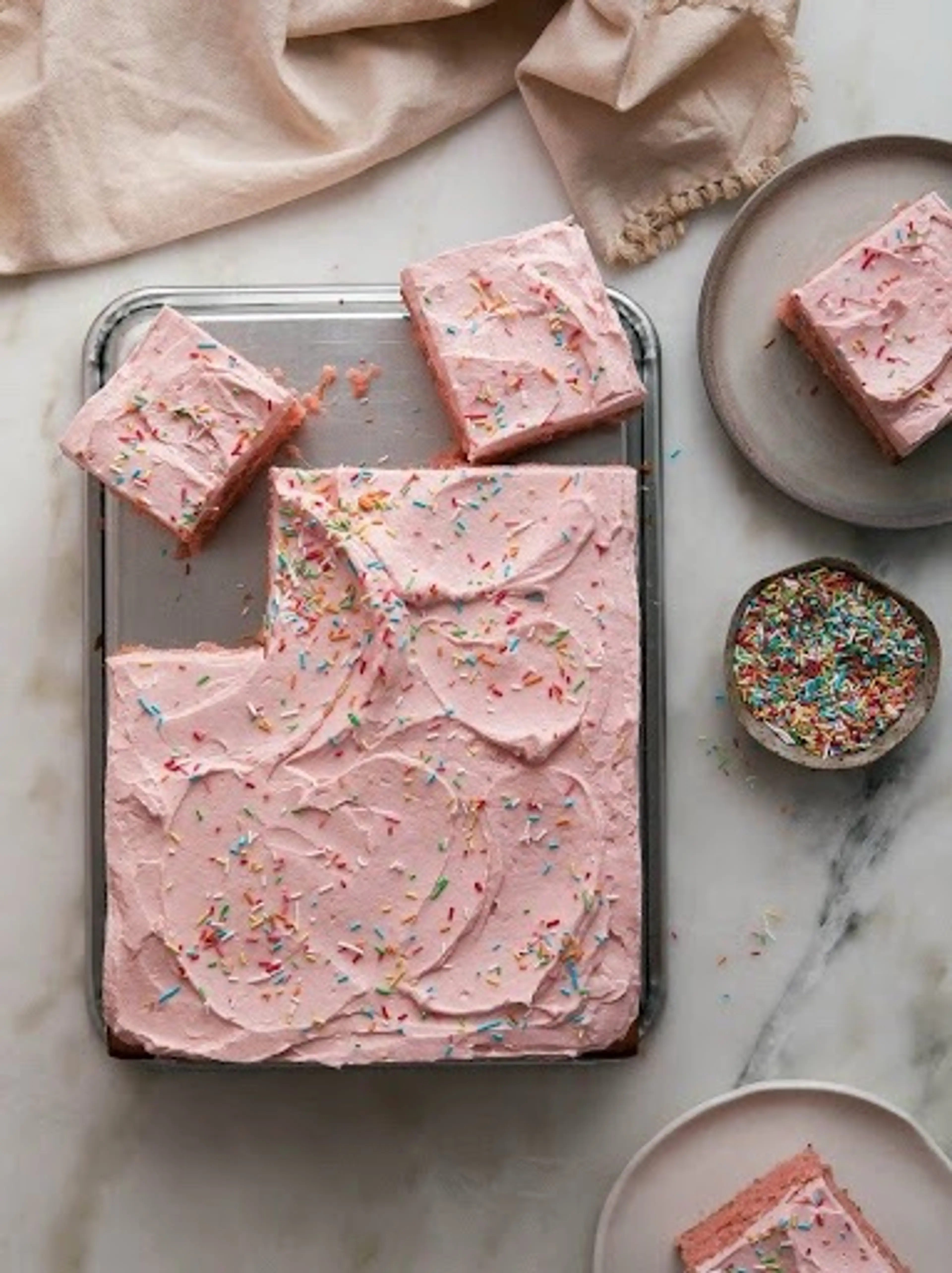 Strawberry Sheet Cake with Rhubarb Swiss Meringue Frosting