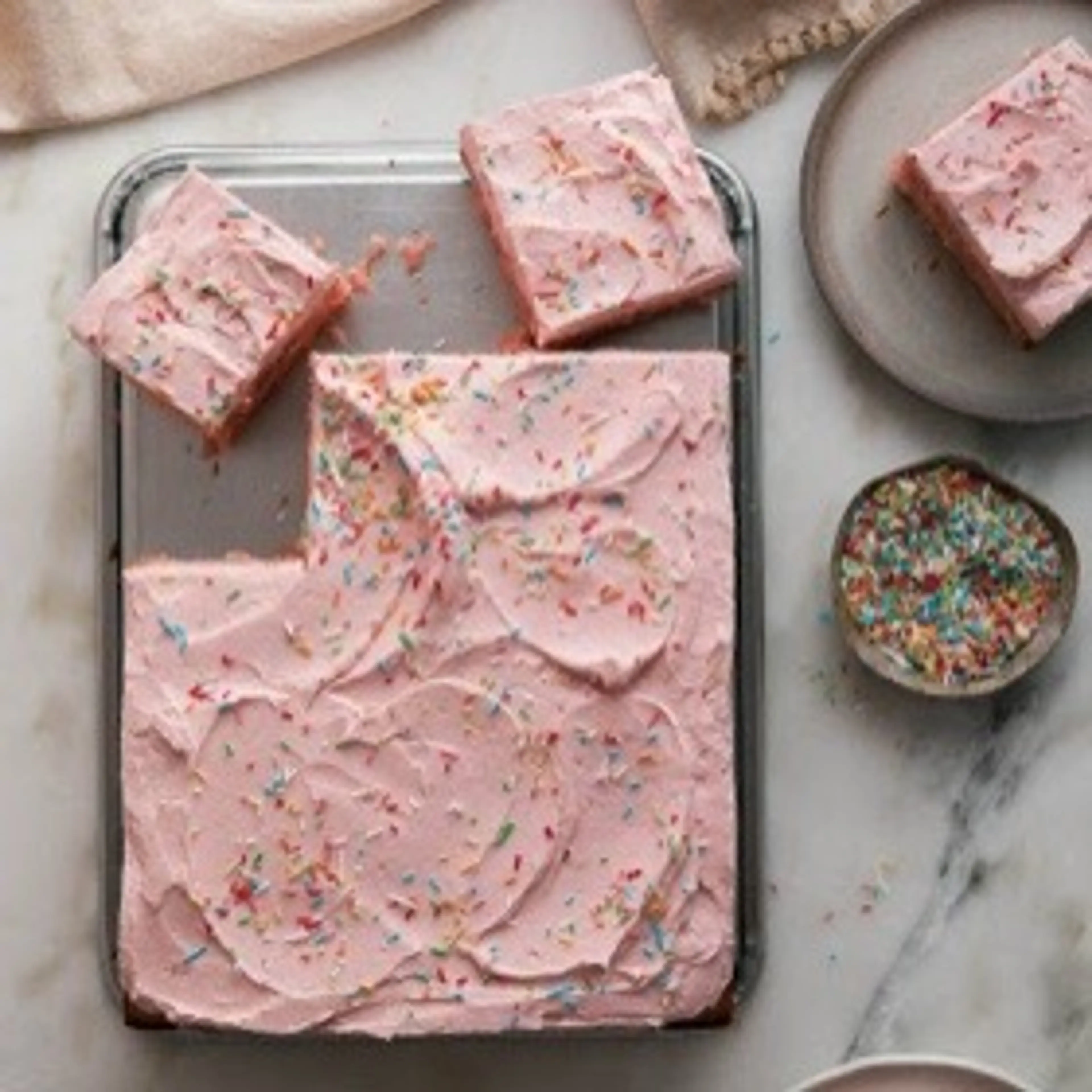 Strawberry Sheet Cake with Rhubarb Swiss Meringue Frosting