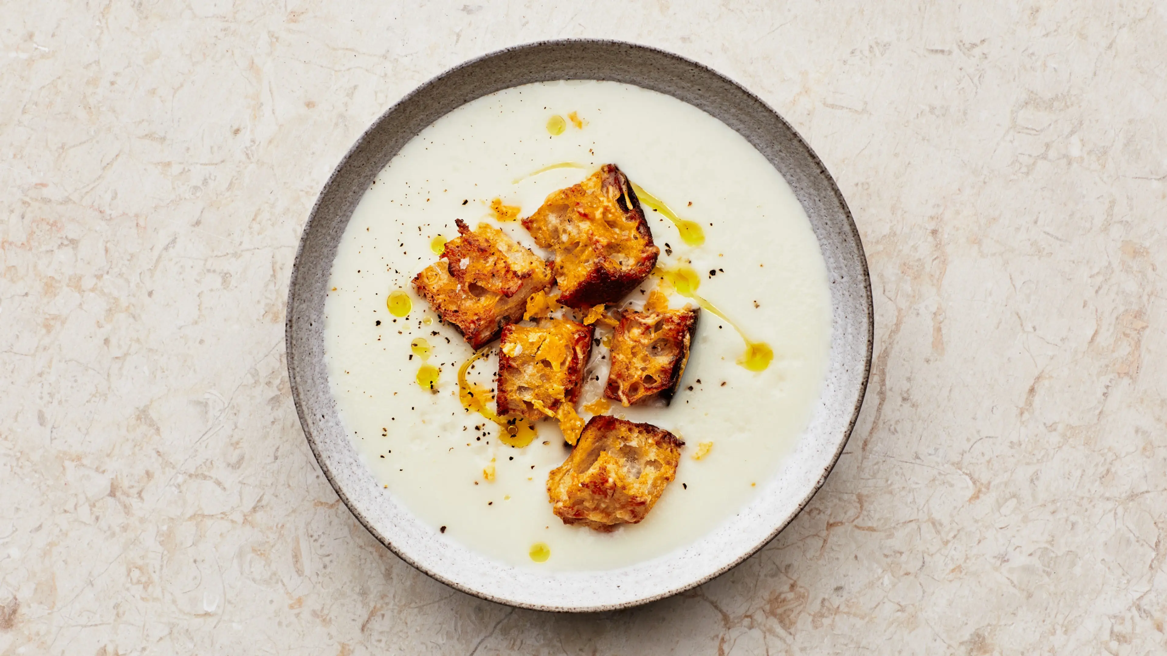 Creamy Cauliflower Soup With Cheesy Mustard Croutons