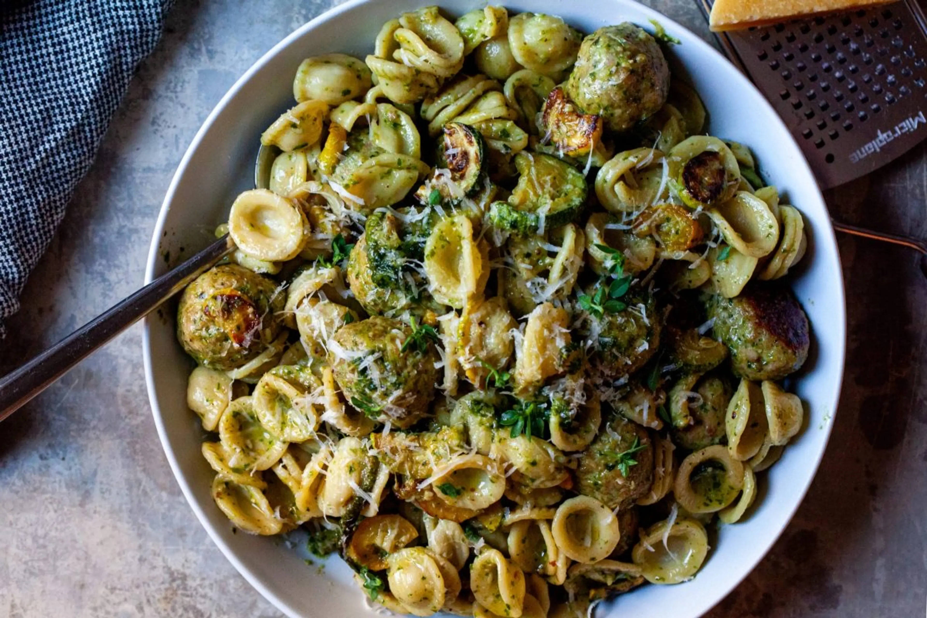 Turkey Pesto Meatballs and Orecchiette