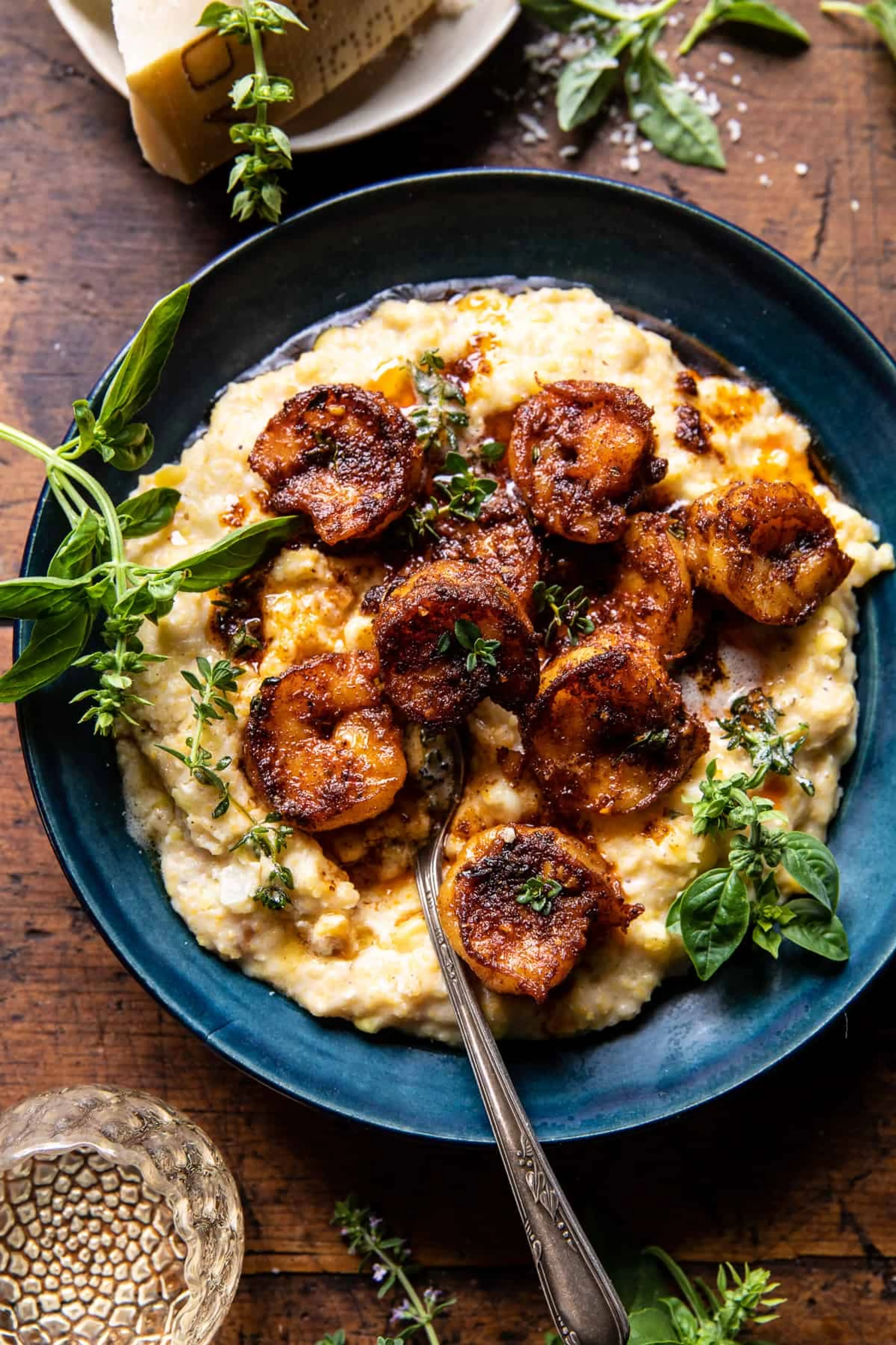 Spicy Garlic Lemon Butter Shrimp with Parmesan Corn Polenta