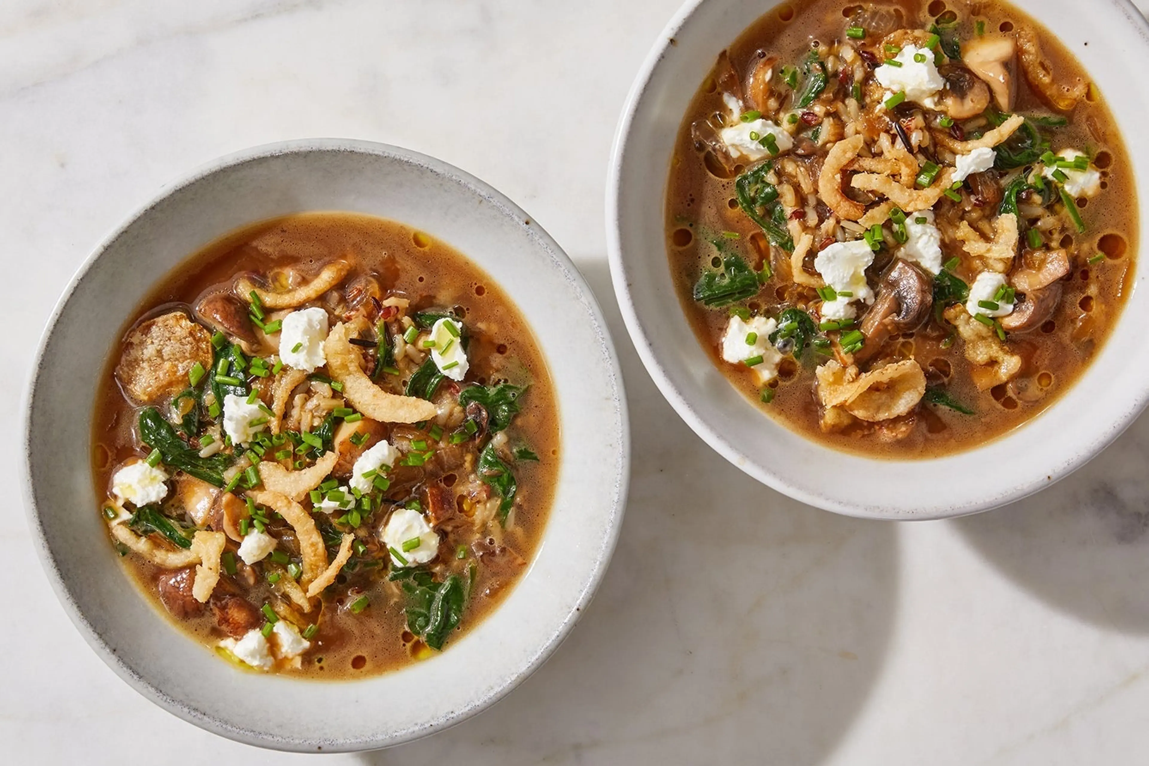 Mushroom & Wild Rice Soup with Goat Cheese & Chives