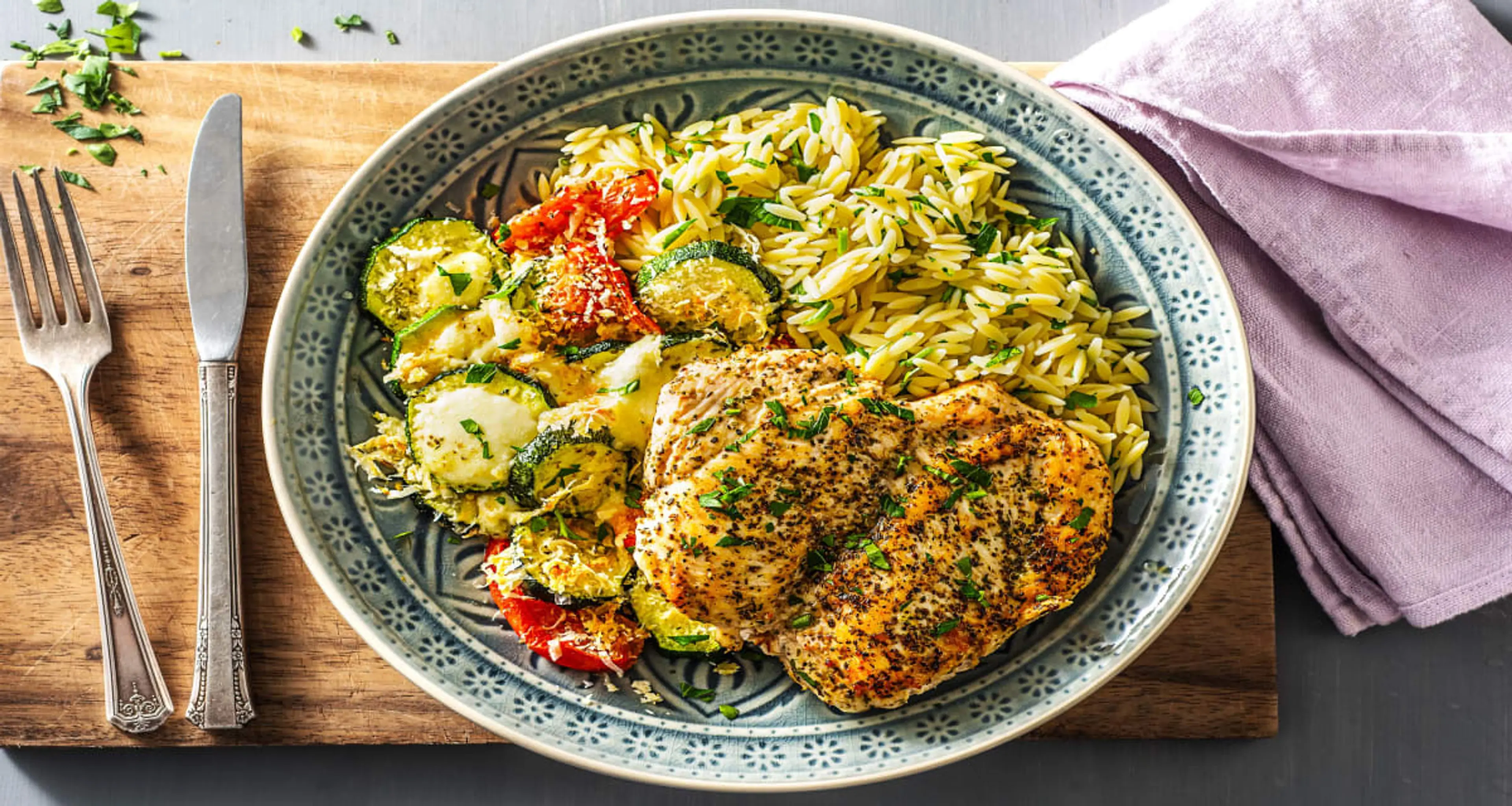 Winner Winner Chicken Orzo Dinner with Cheesy Roasted Zucchi