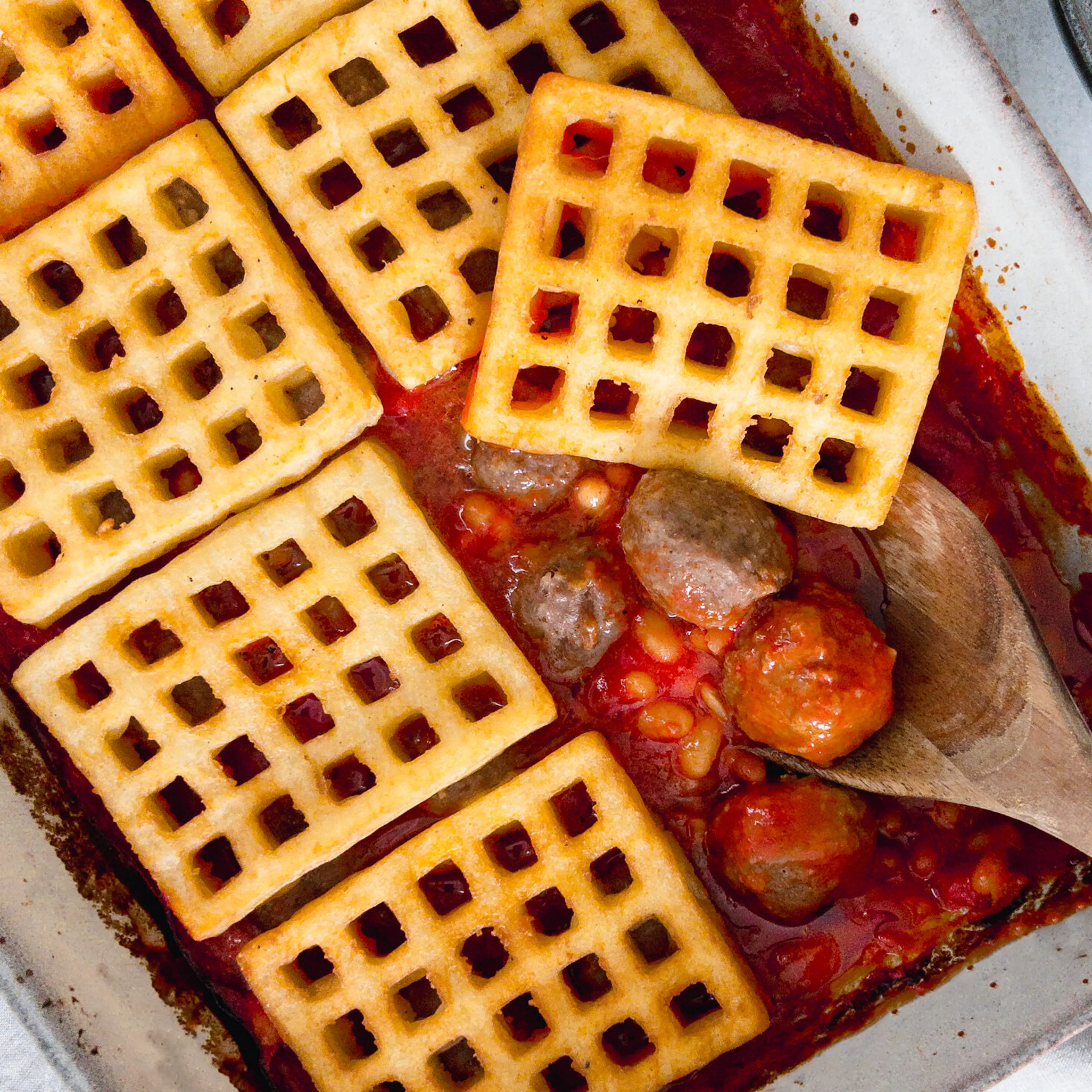 Meatball Baked Bean and Potato Waffle Pie