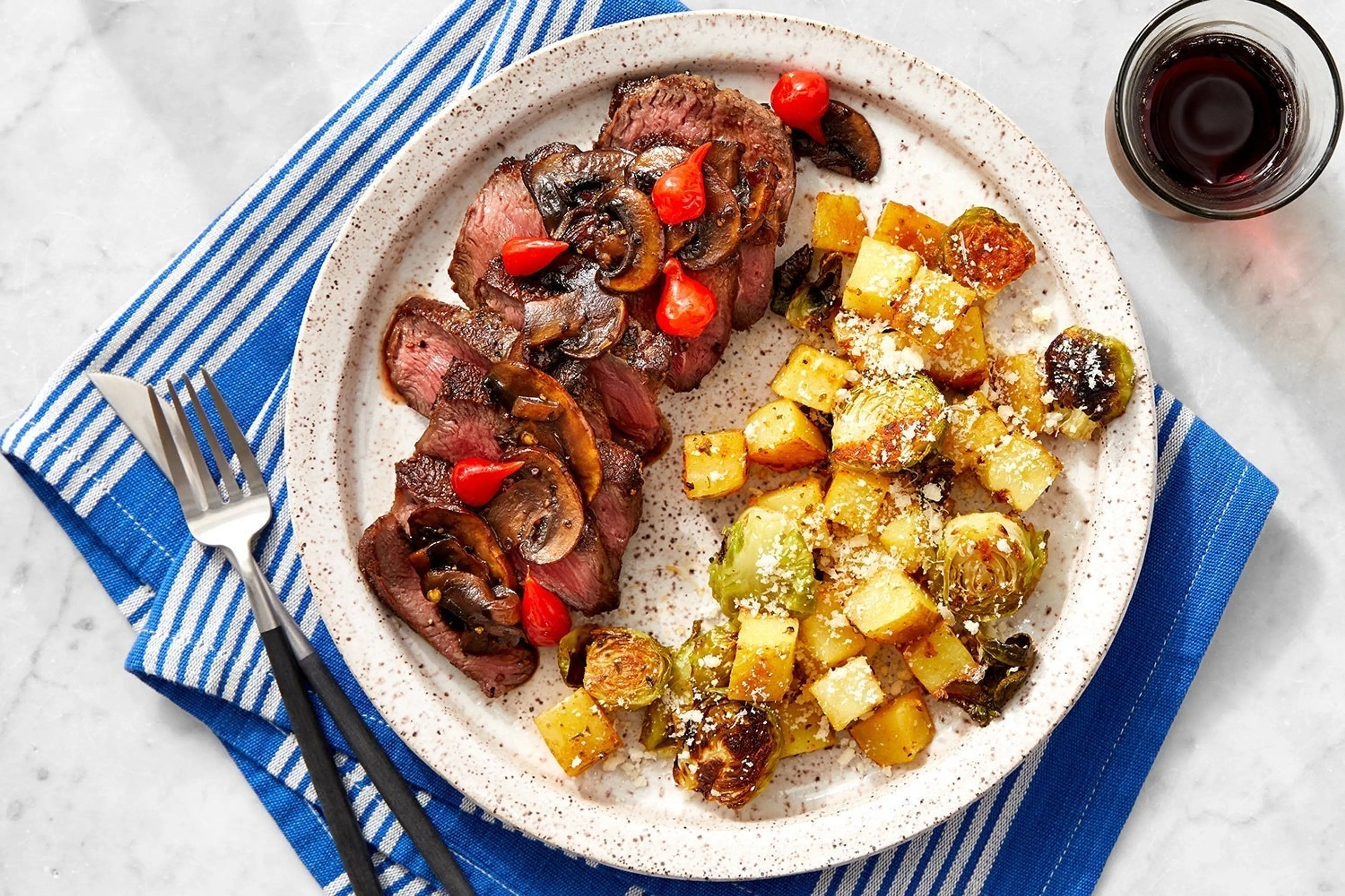 Seared Steaks & Mushroom Agrodolce with Roasted Potatoes & B