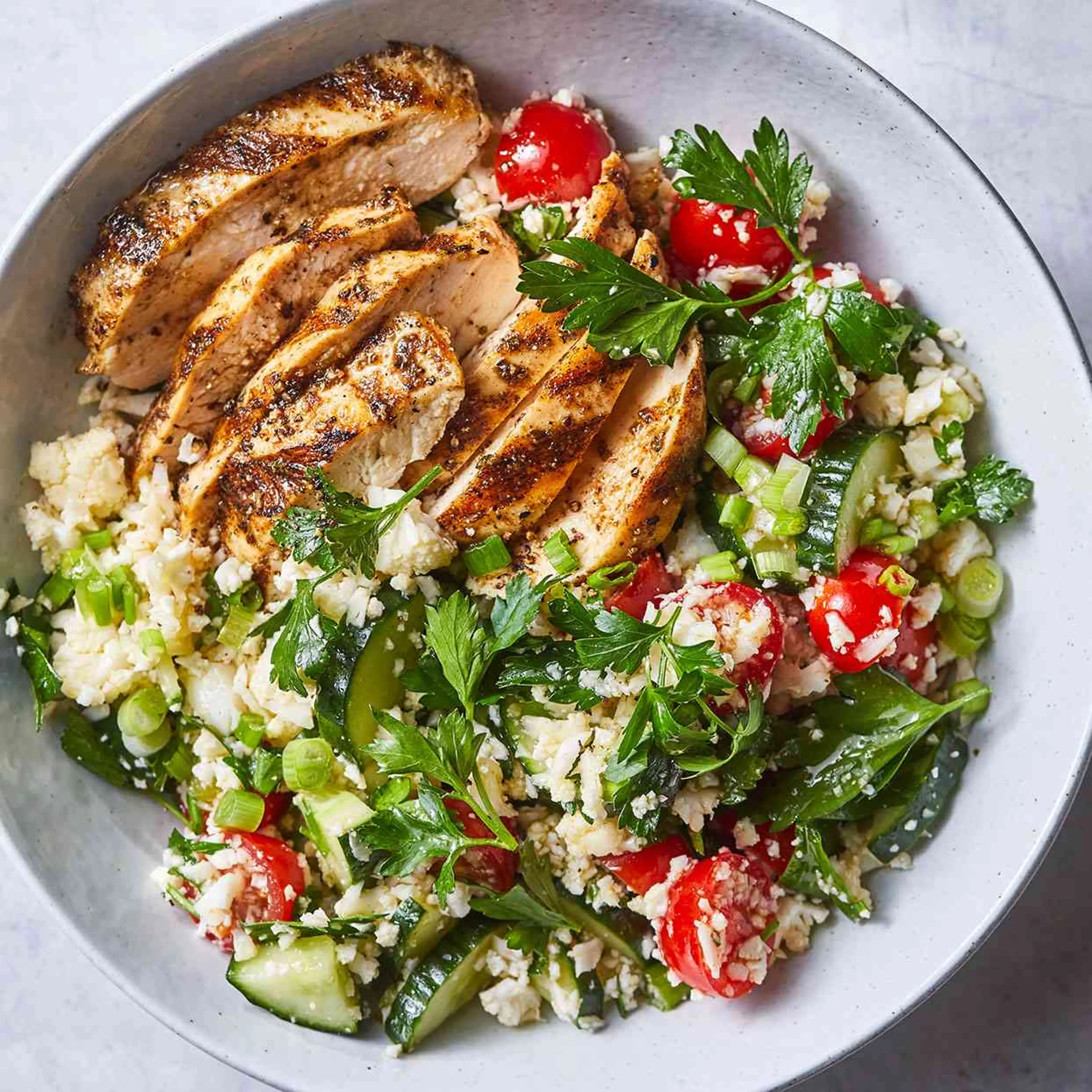 Spiced Grilled Chicken with Cauliflower "Rice" Tabbouleh