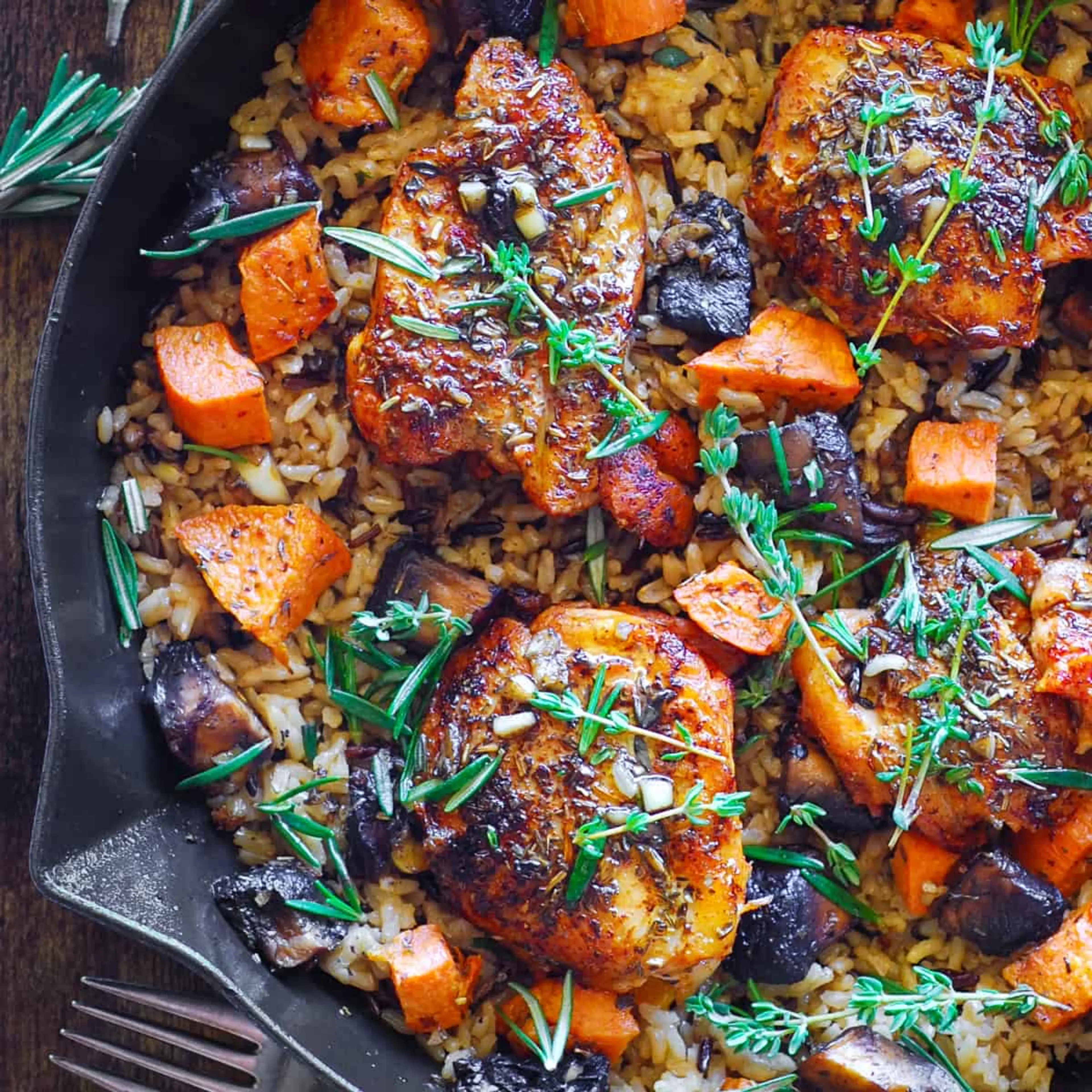 Chicken and Wild Rice with Roasted Sweet Potatoes and Mushro