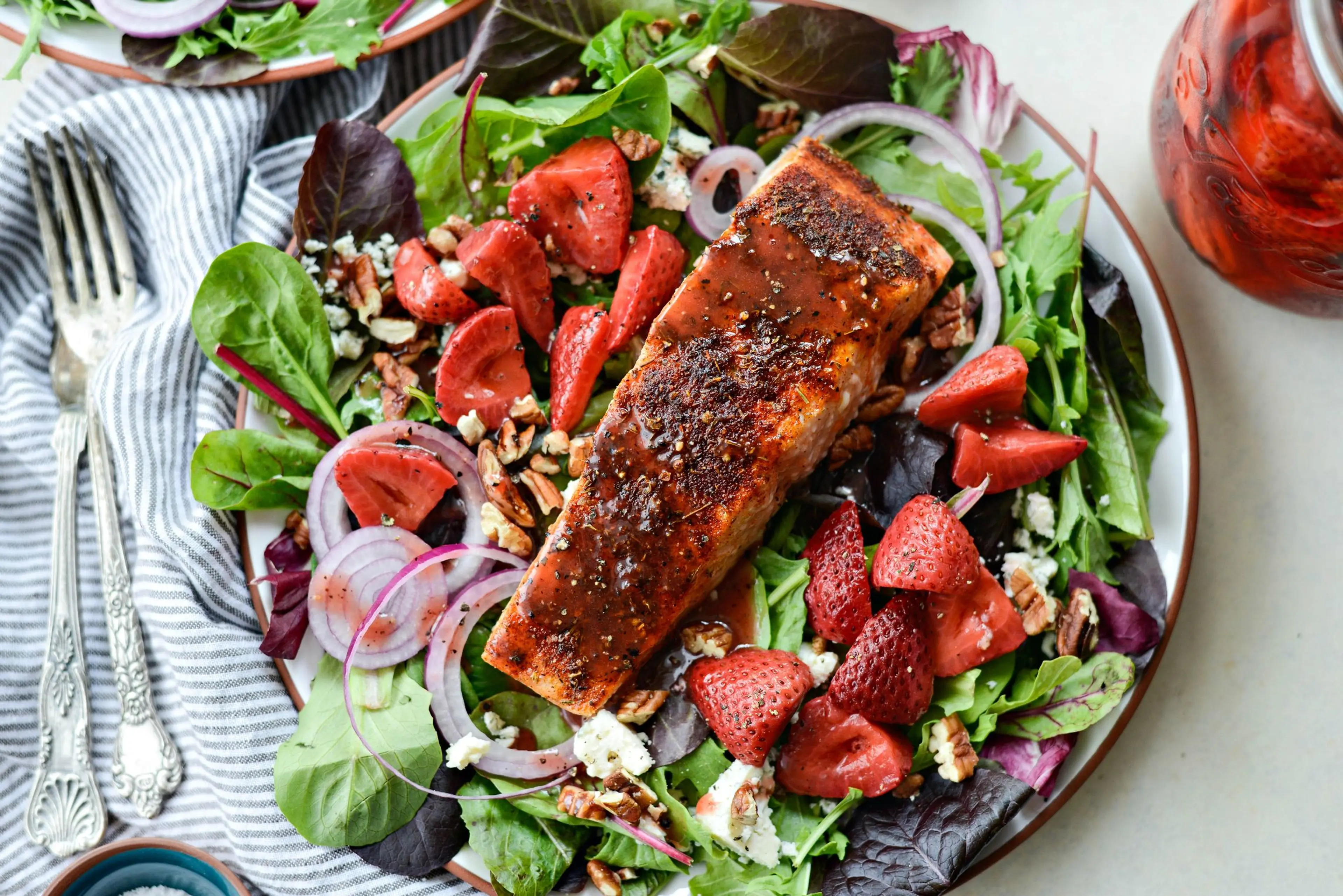 Blackened Salmon Salad w/ Strawberry Peppercorn Vinaigrette