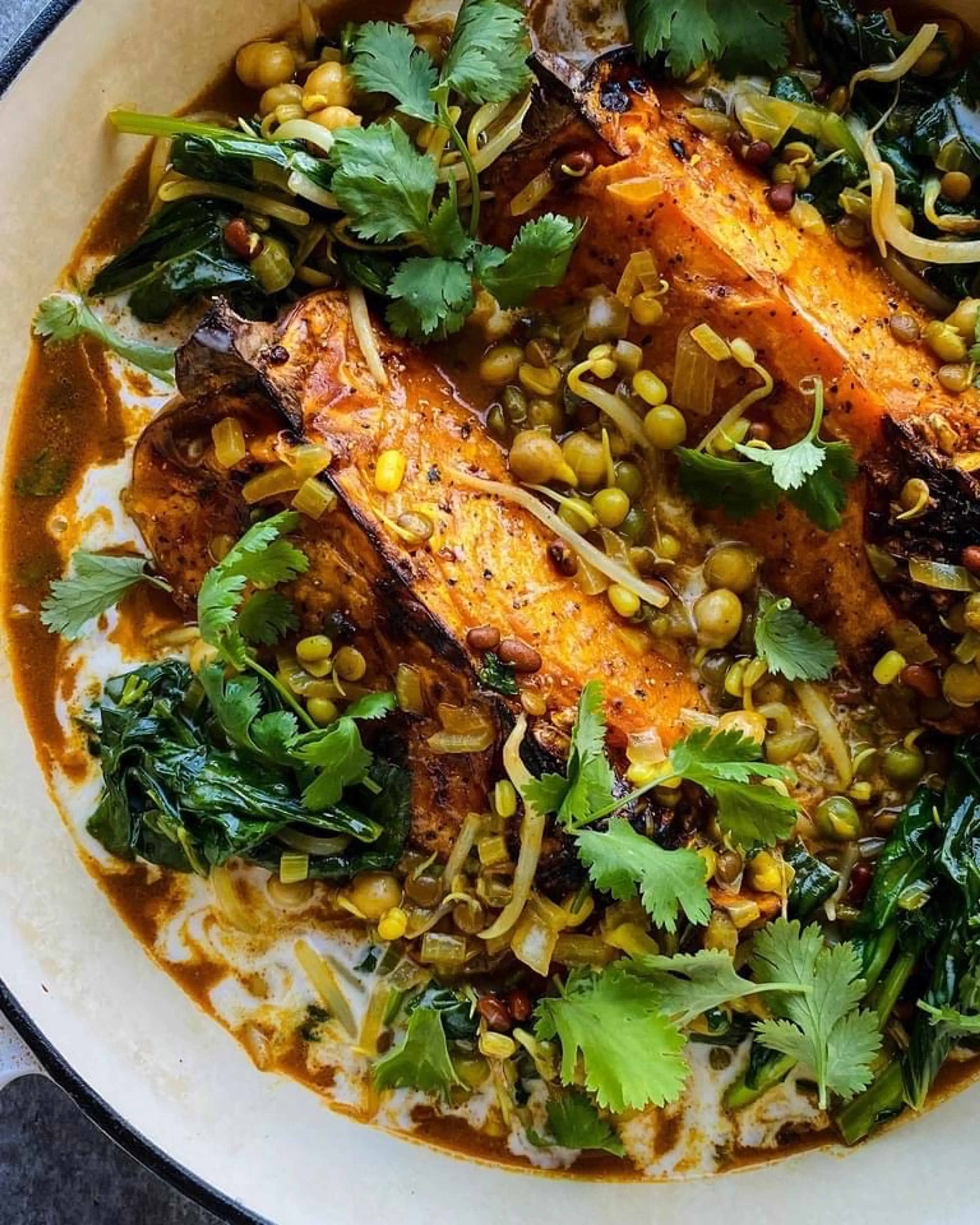 Pumpkin, sprout and spinach curry