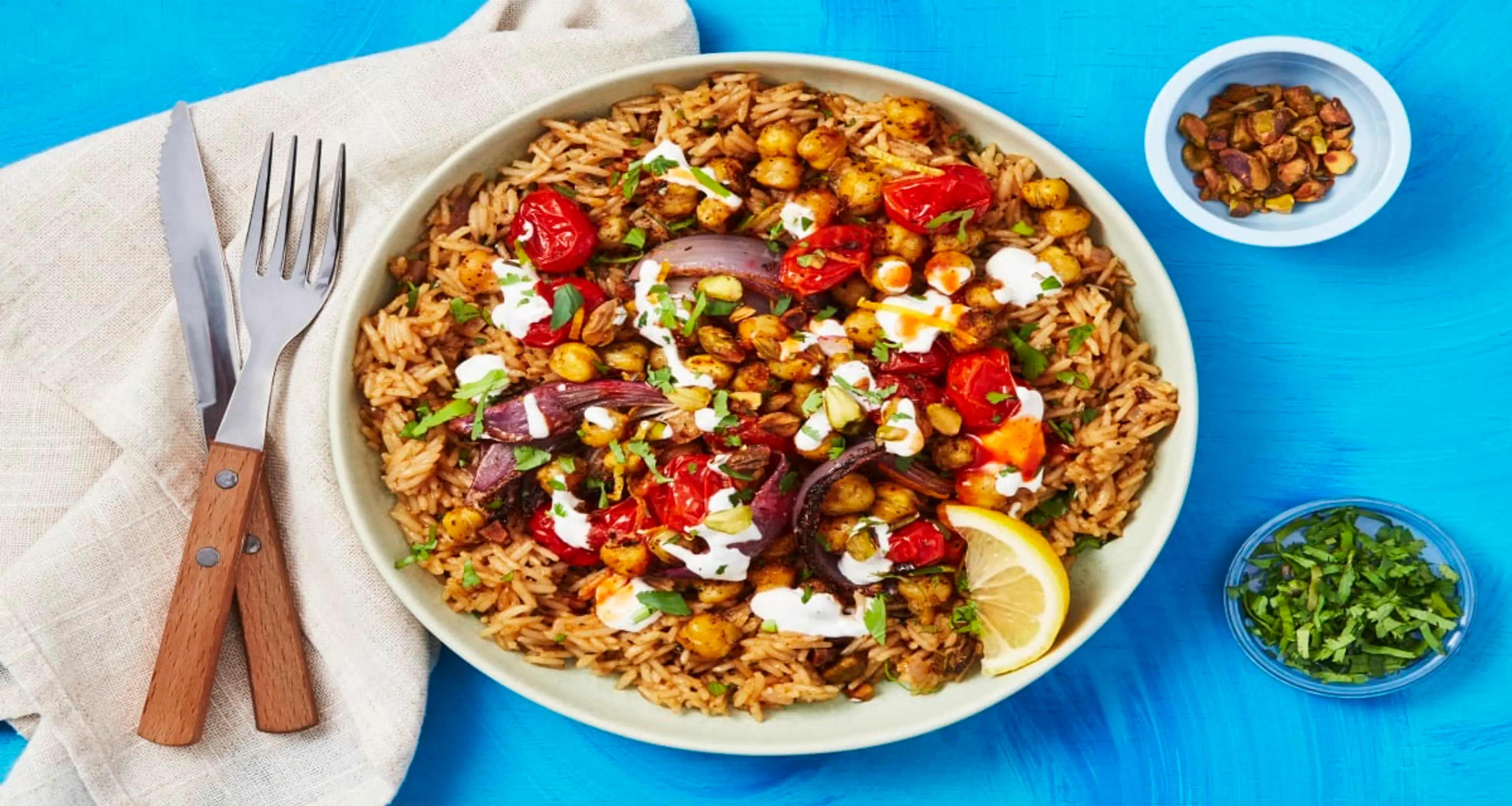 Middle Eastern Chickpea Bowls with Savory Pistachio Rice & G