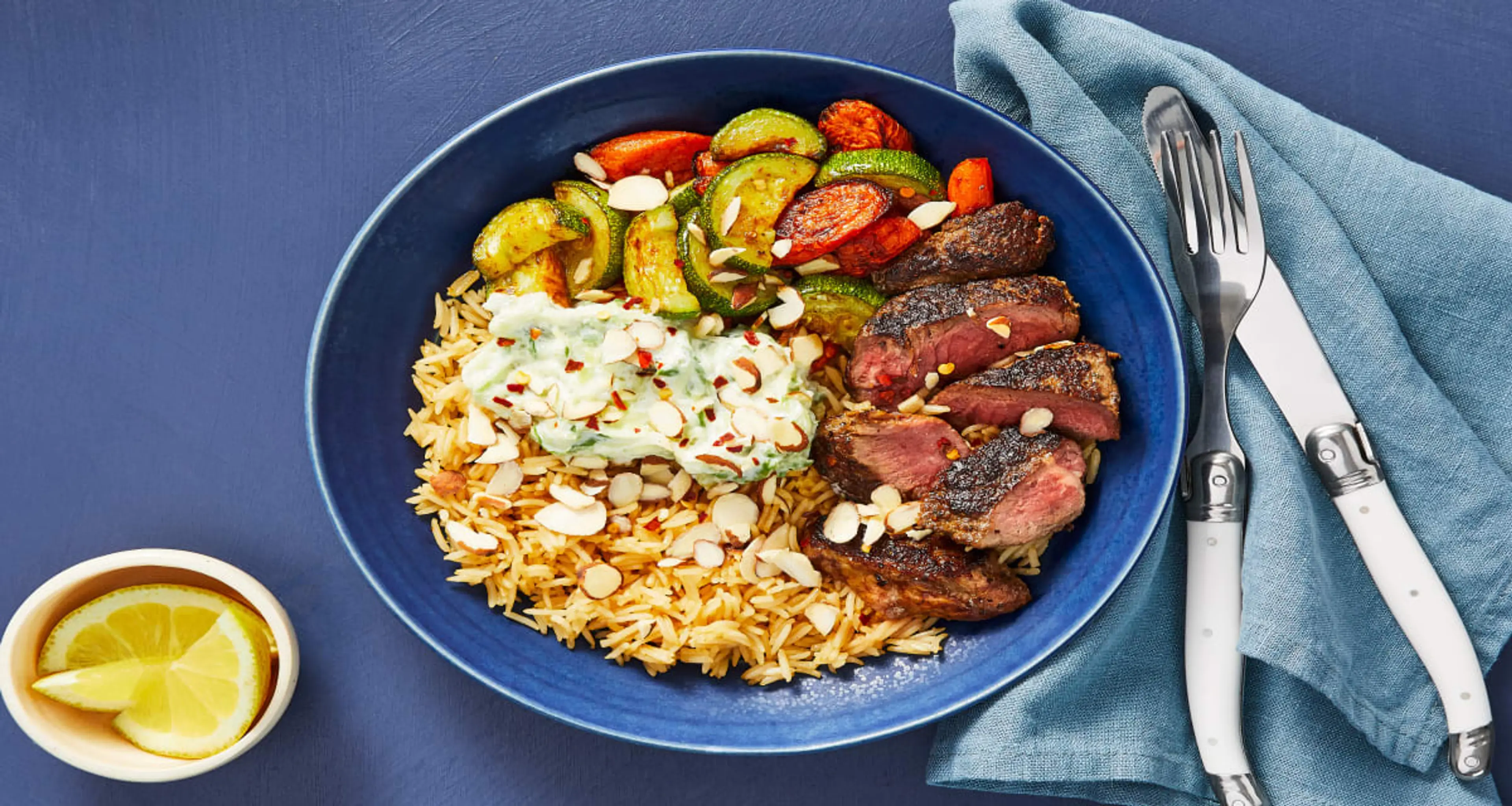 Middle Eastern Steak & Rice Pilaf with Tzatziki, Almonds & S