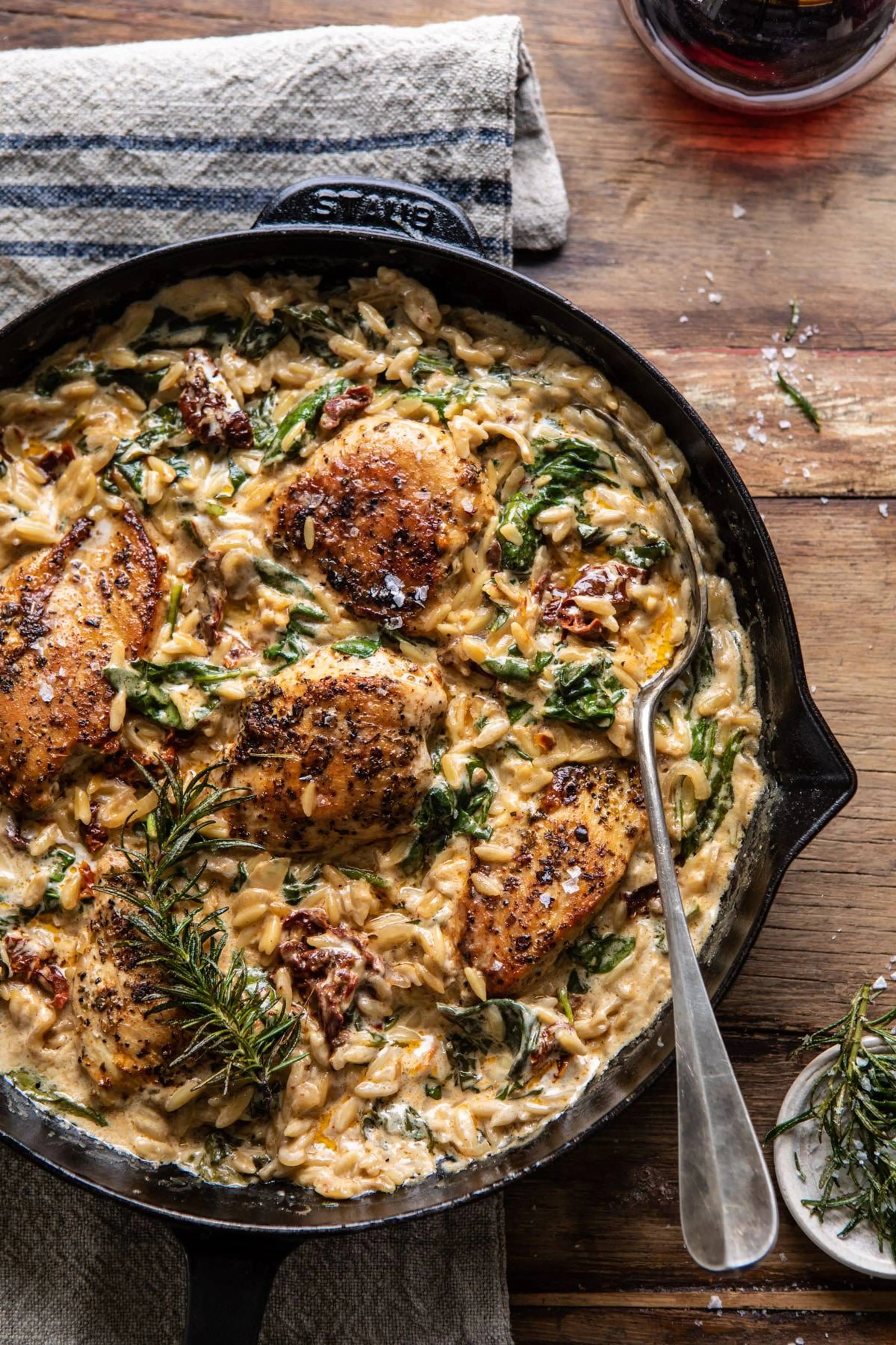 One Skillet Creamy Sun-Dried Tomato Chicken and Orzo.