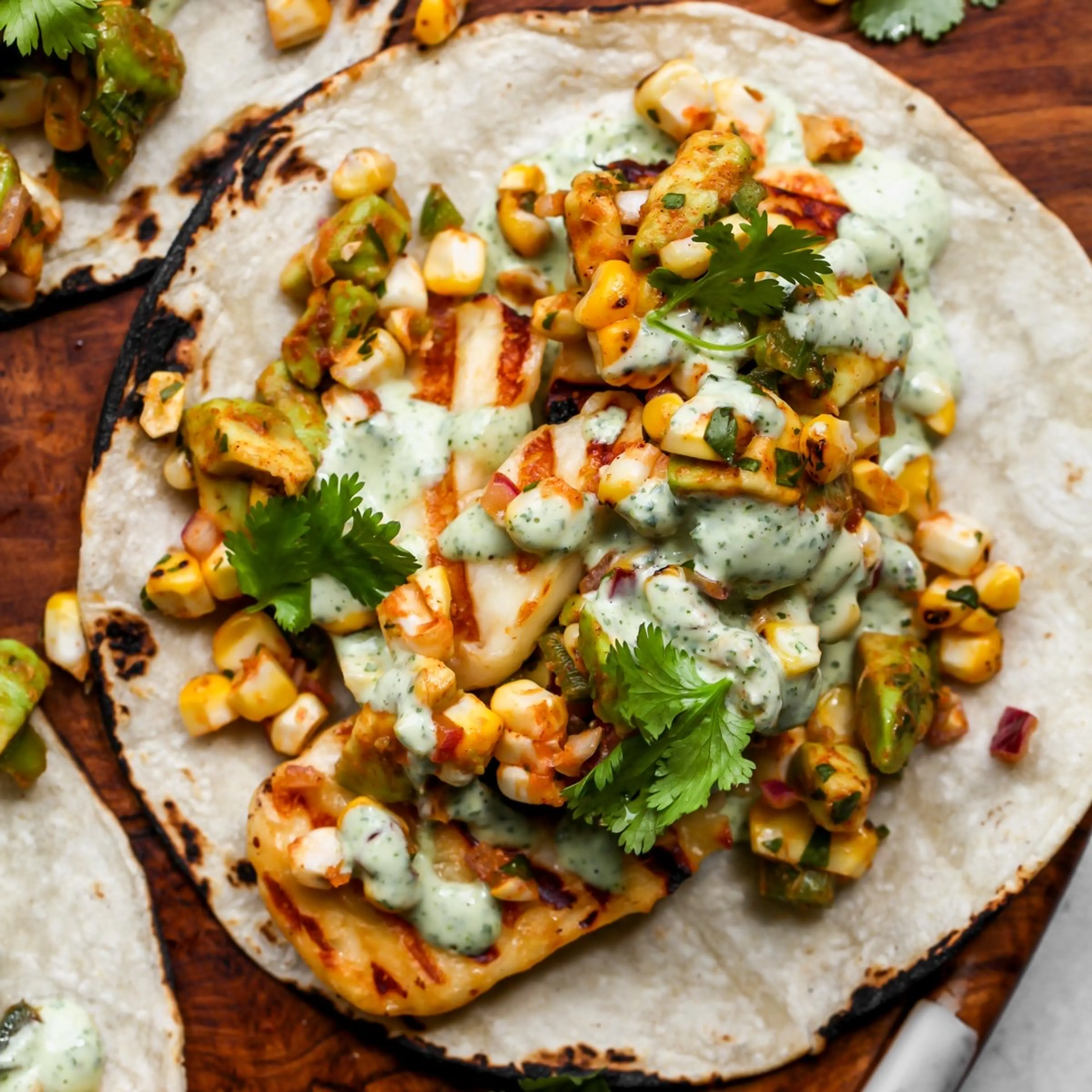 Halloumi Tacos with Corn Salad and Cilantro Sauce