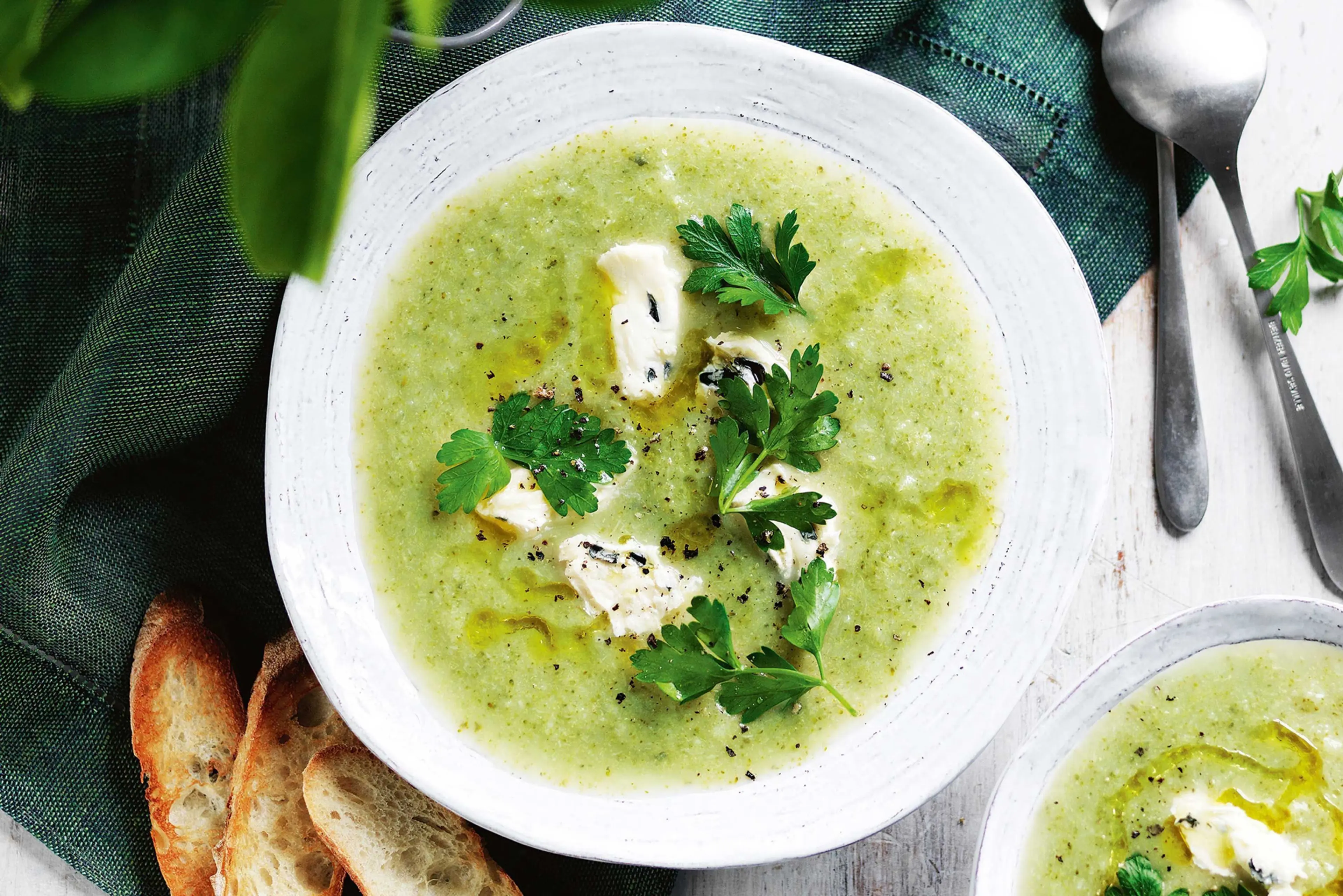 Broccoli, potato and blue cheese soup