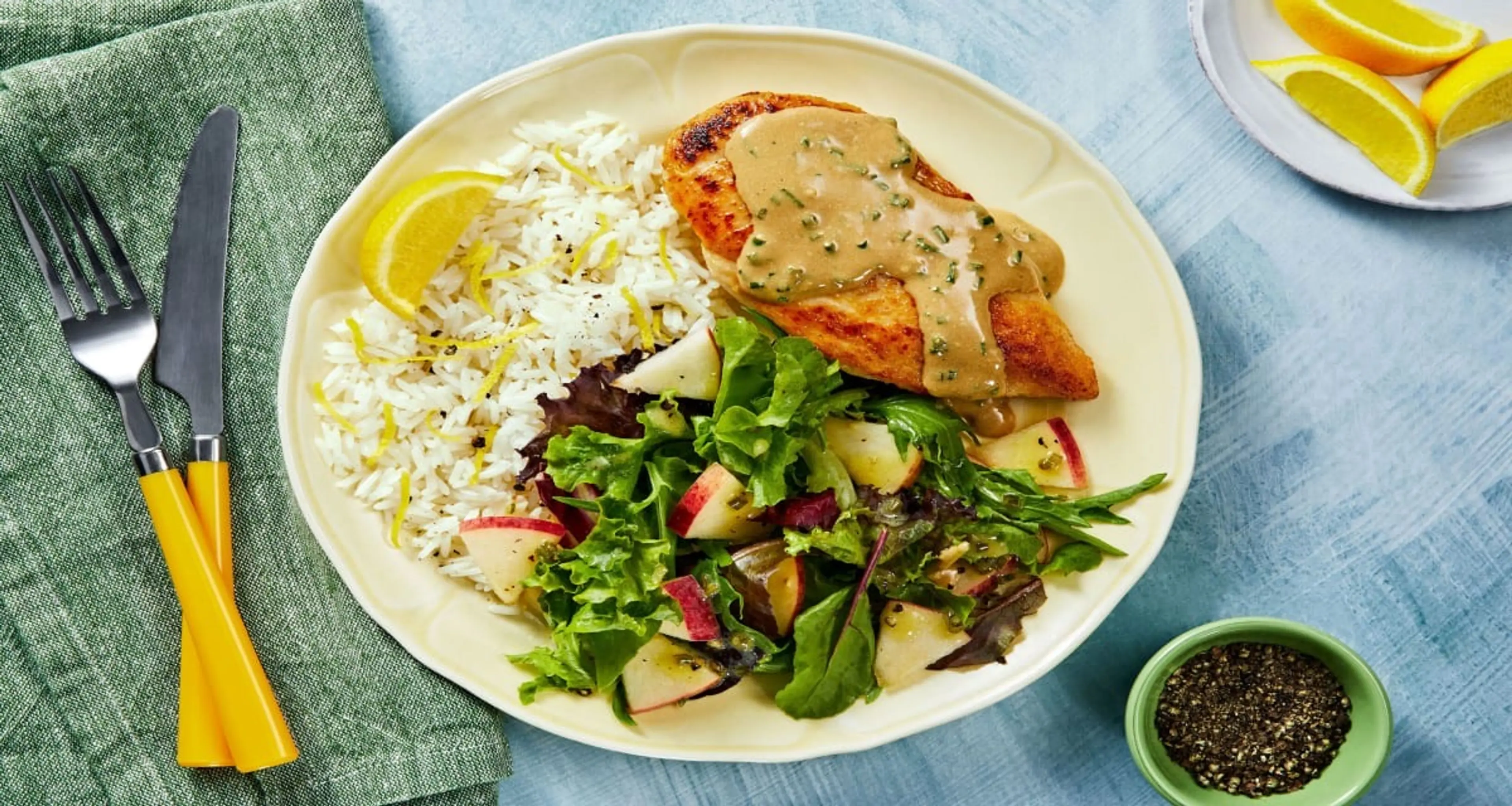 Creamy Chive Chicken with Lemony Rice and a Dijon-Apple Sala