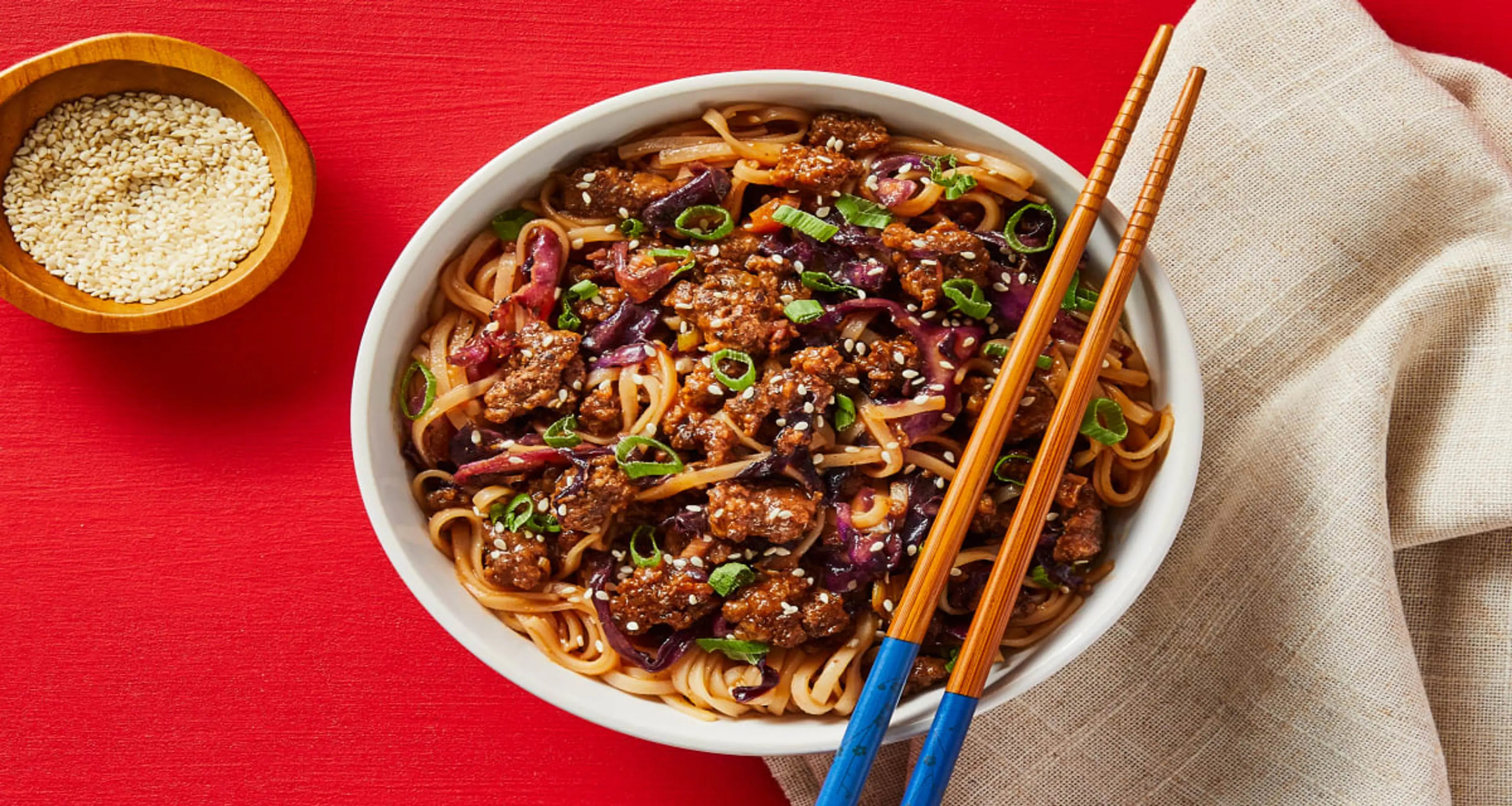 Szechuan Beef Noodles with Scallions & Sesame Seeds