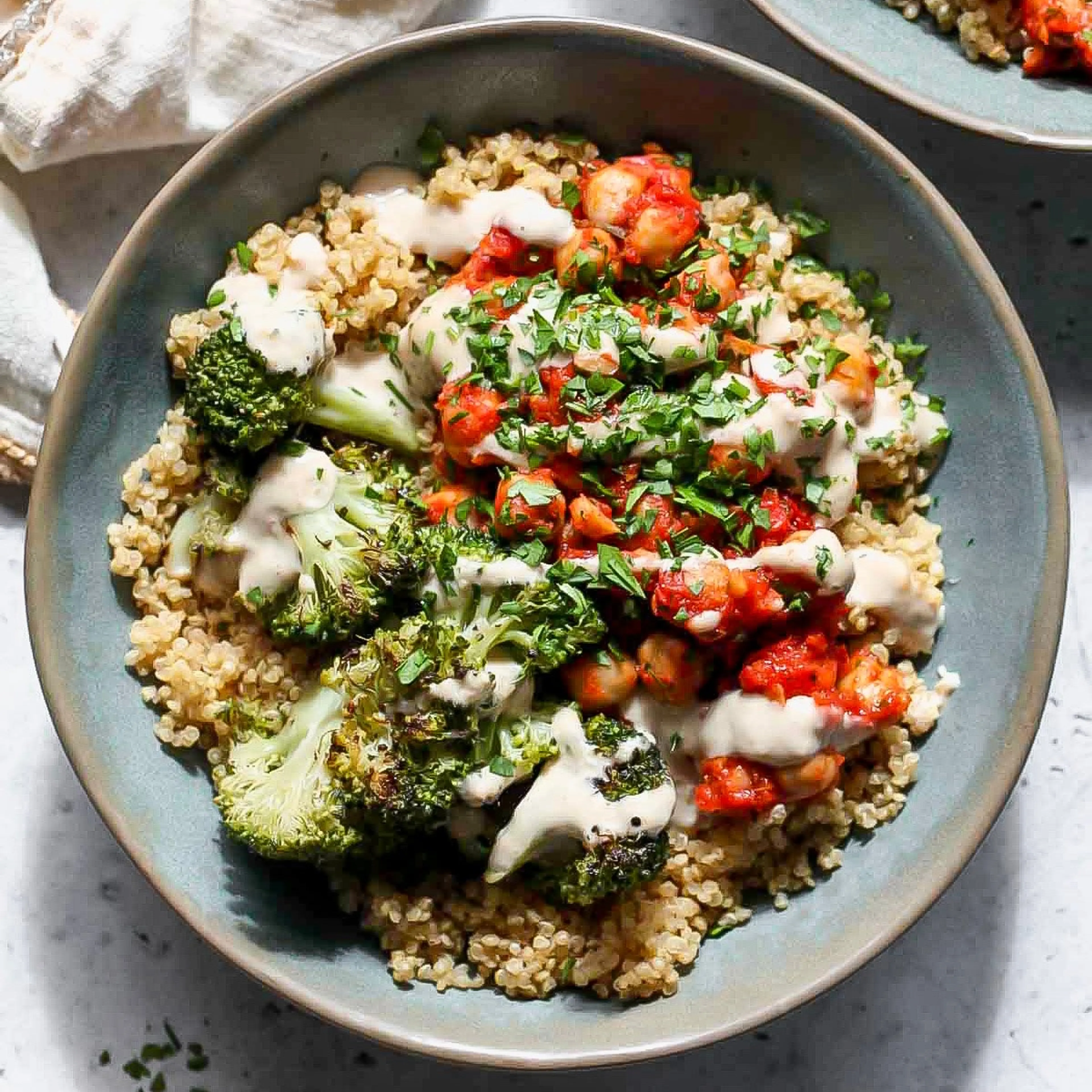 Chickpea and Broccoli Bowls with Creamy Garlic Sauce