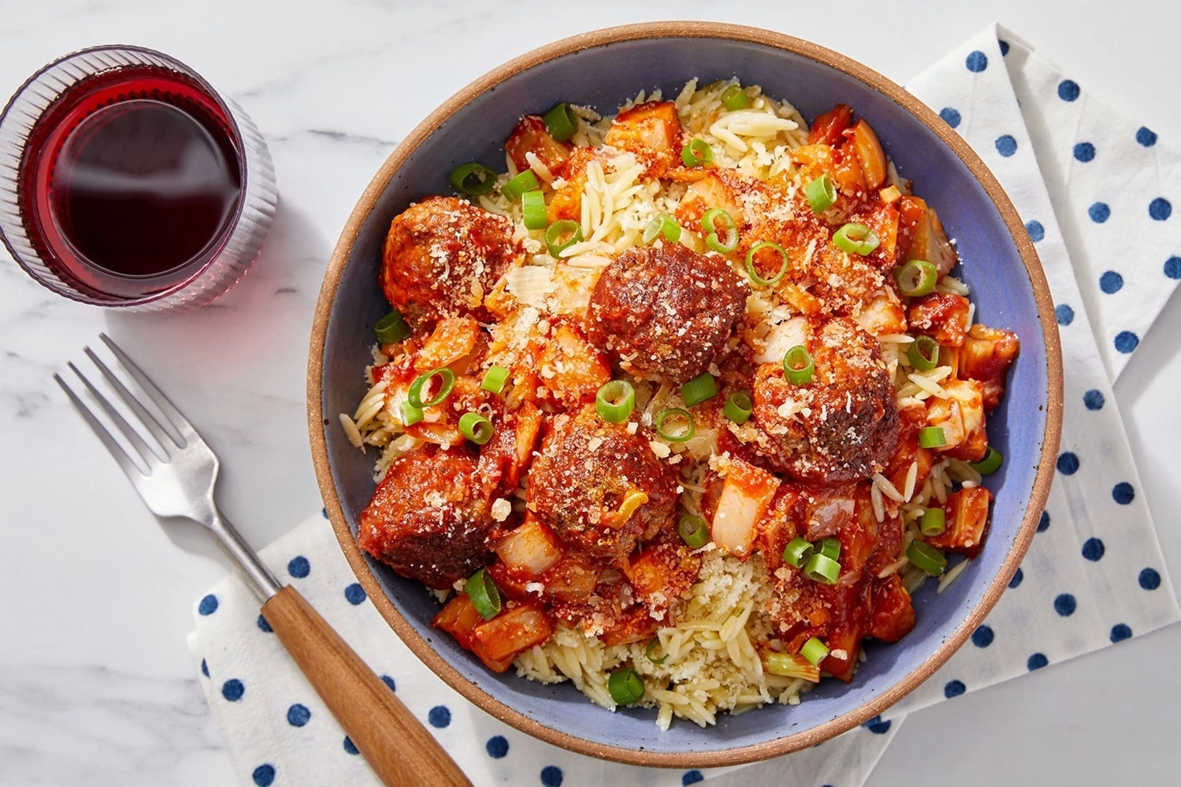 Italian Sausage Meatballs & Garlic-Herb Orzo with Tomato Sau