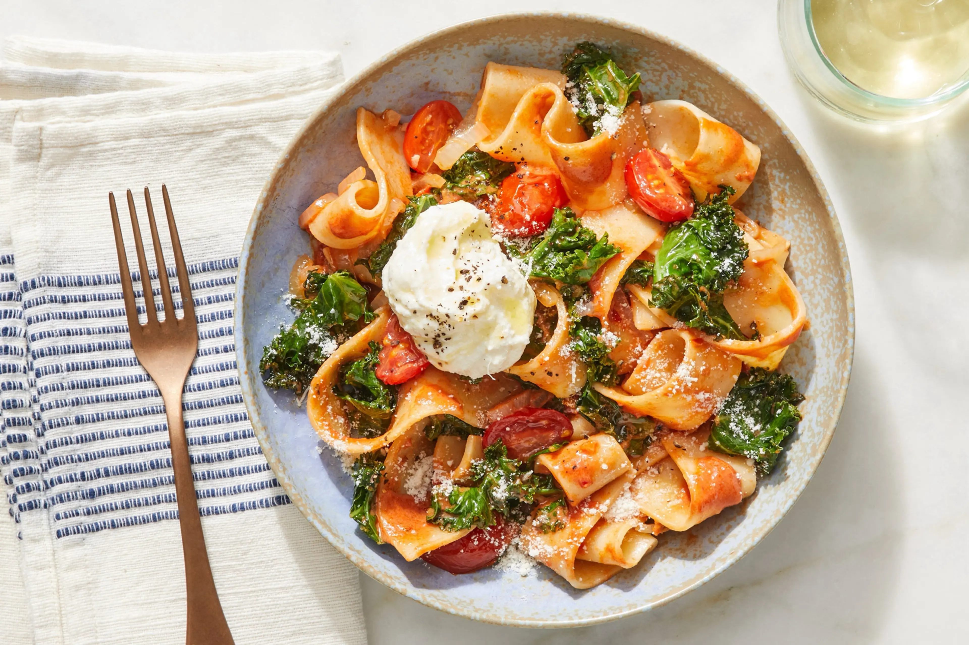 Hand-Cut Pappardelle with Calabrian Chile-Tomato Sauce & Kal