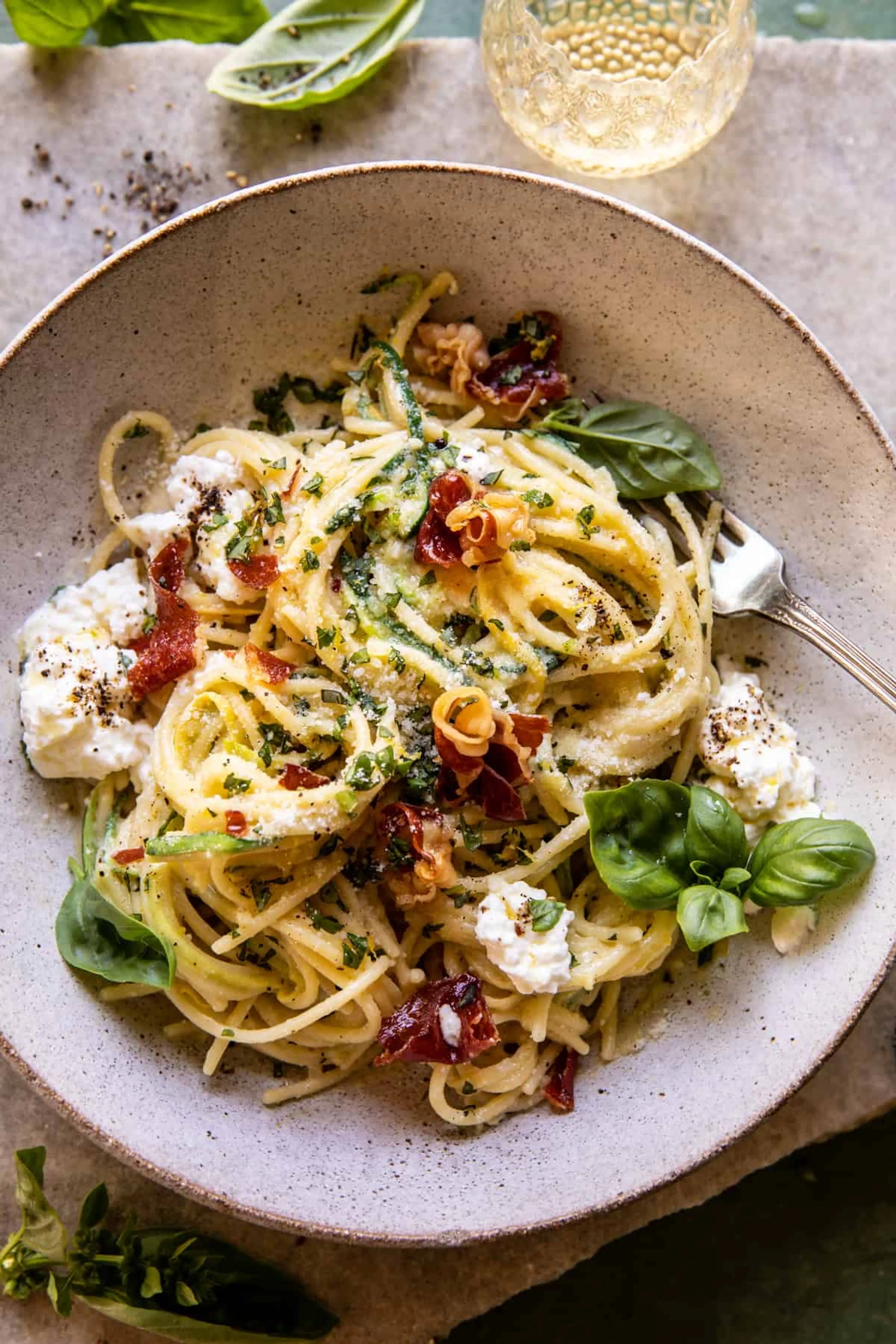 Zucchini Carbonara with Crispy Prosciutto and Burrata