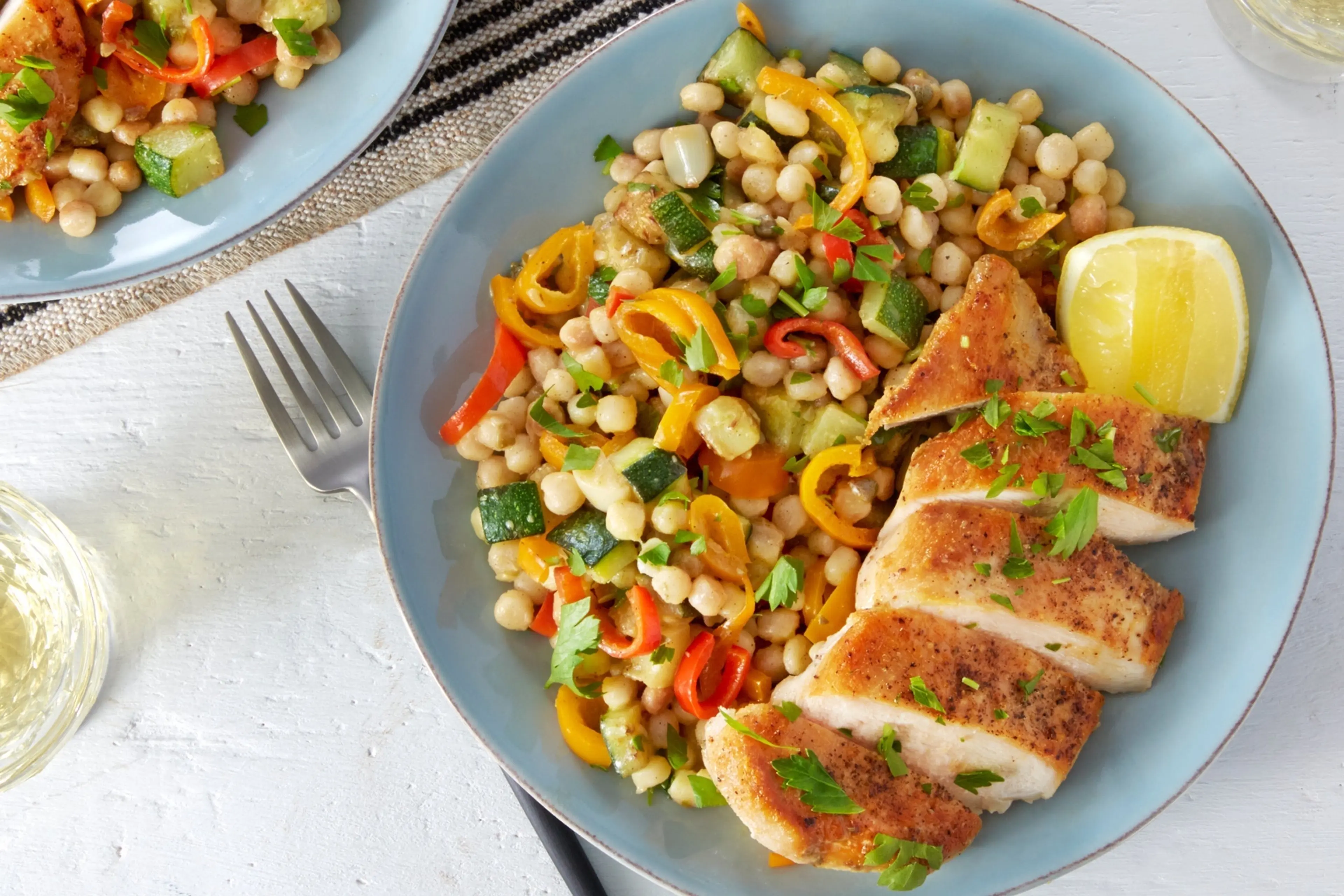 Seared Chicken & Lemon-Butter Sauce with Veggies & Fregola S