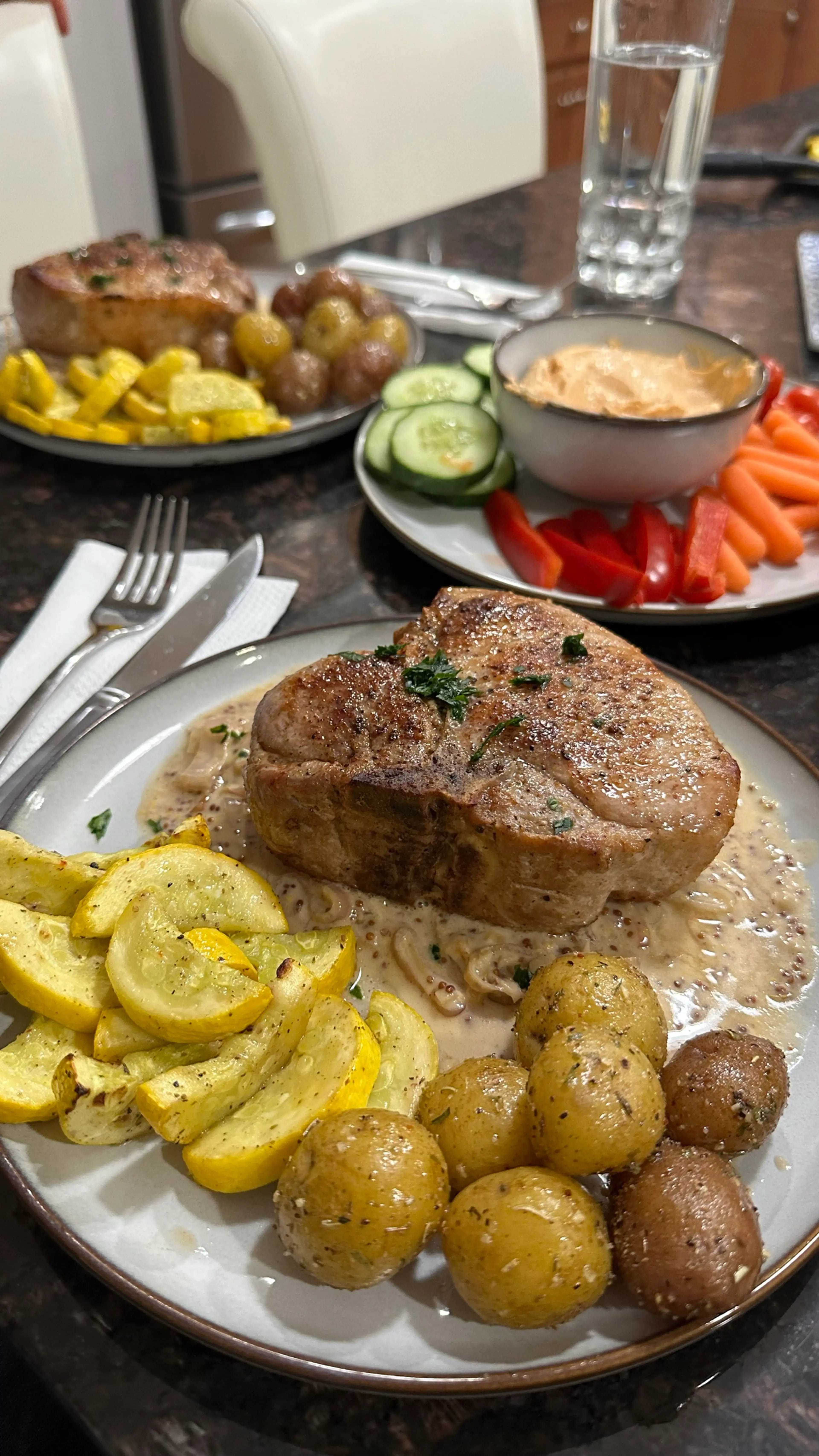 Pork chops with apple mustard shallot sauce