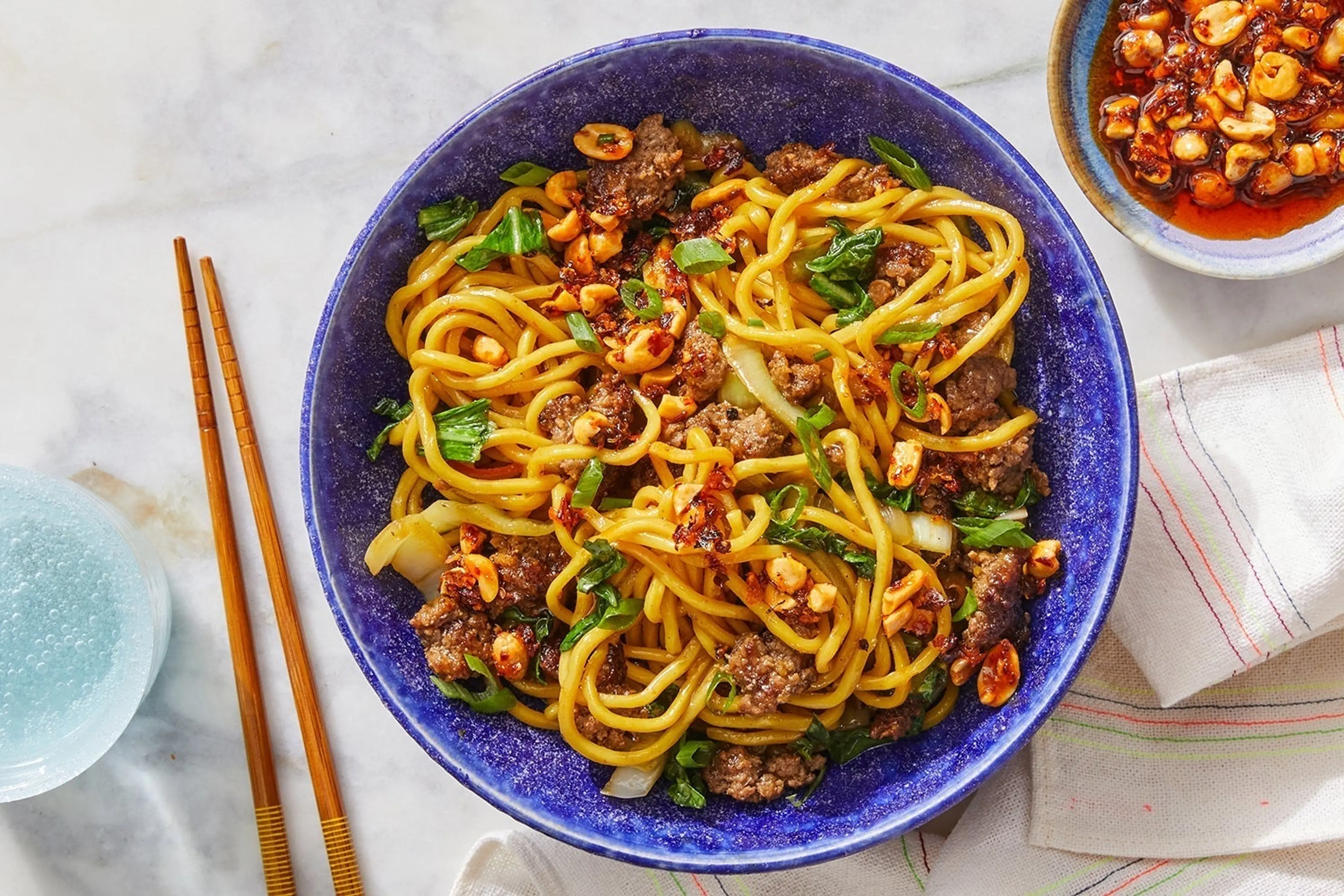 Orange & Chili Crisp Beef Lo Mein with Bok Choy & Roasted Pe