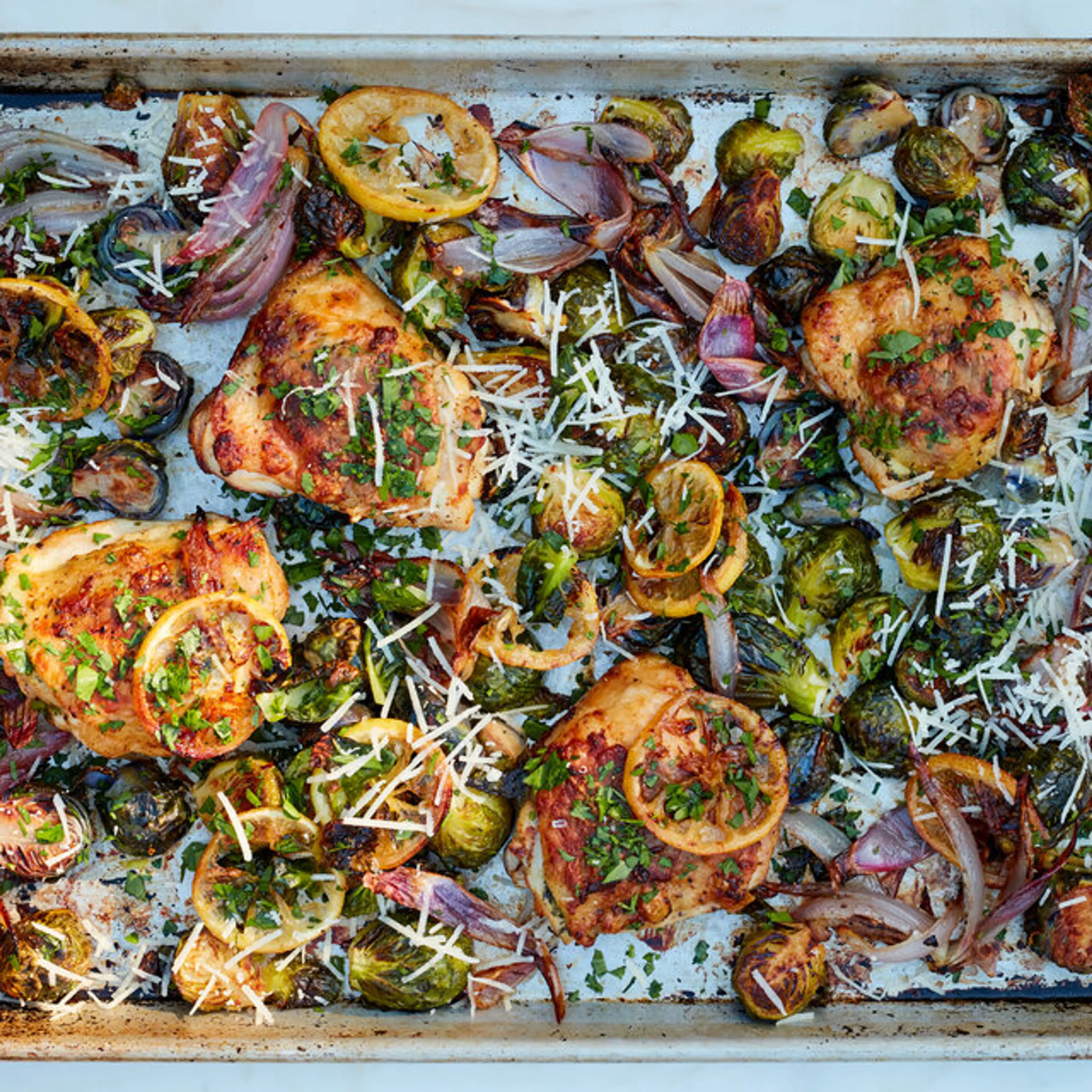 Sheet-Pan Lemony Chicken With Brussels Sprouts