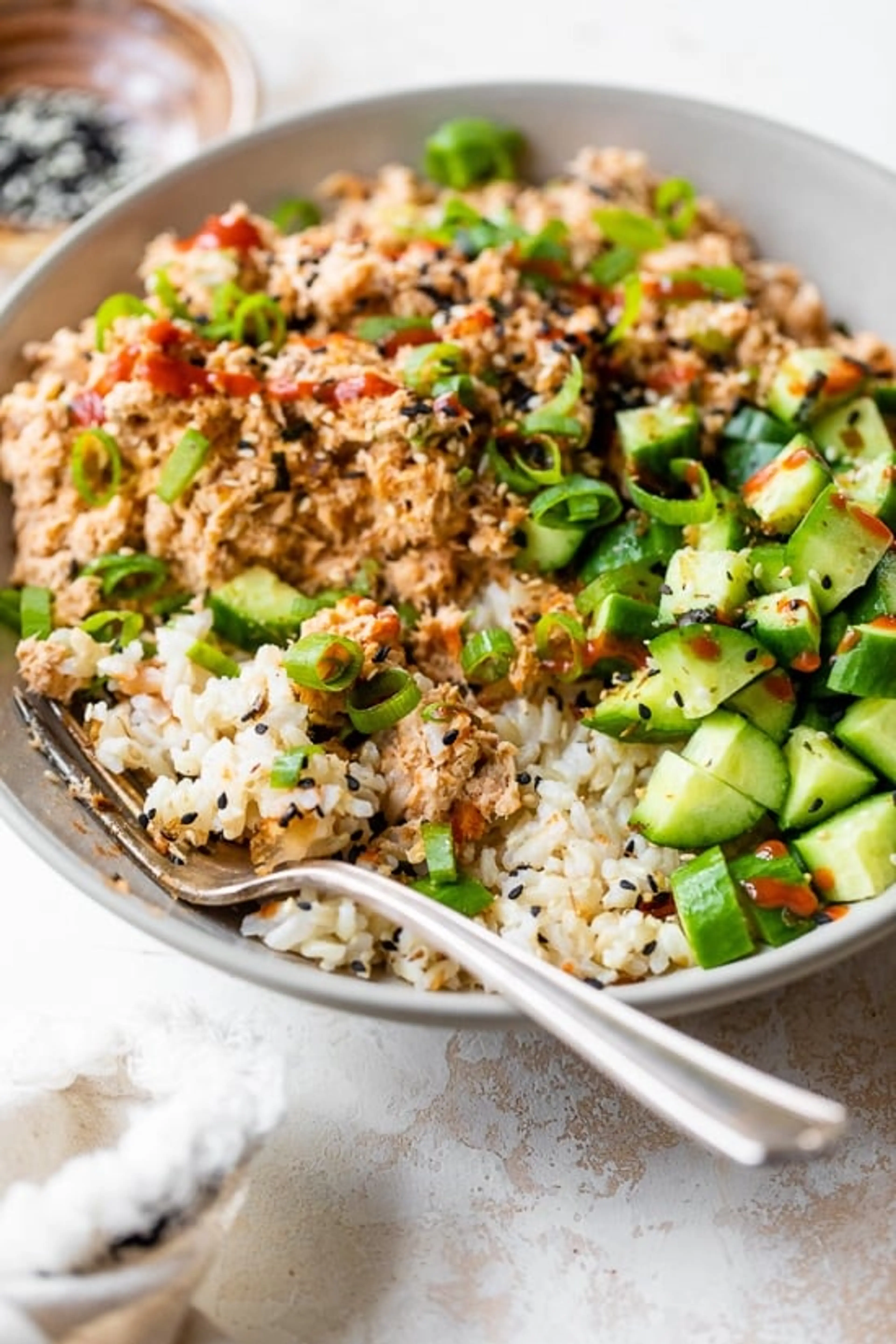 Spicy Canned Salmon Salad Rice Bowl