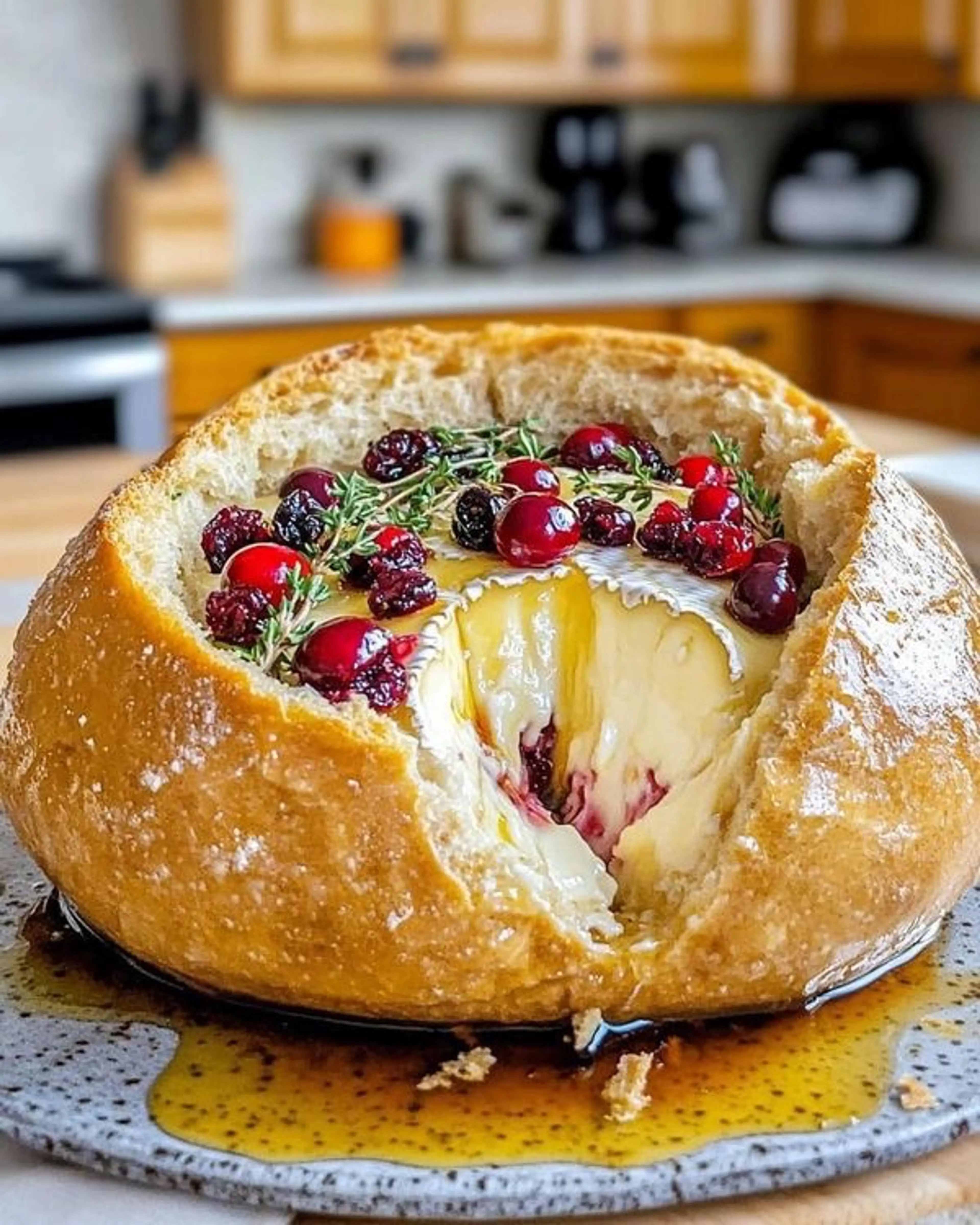 Baked Brie Bread Bowl with a Cranberry and Thyme Infusion