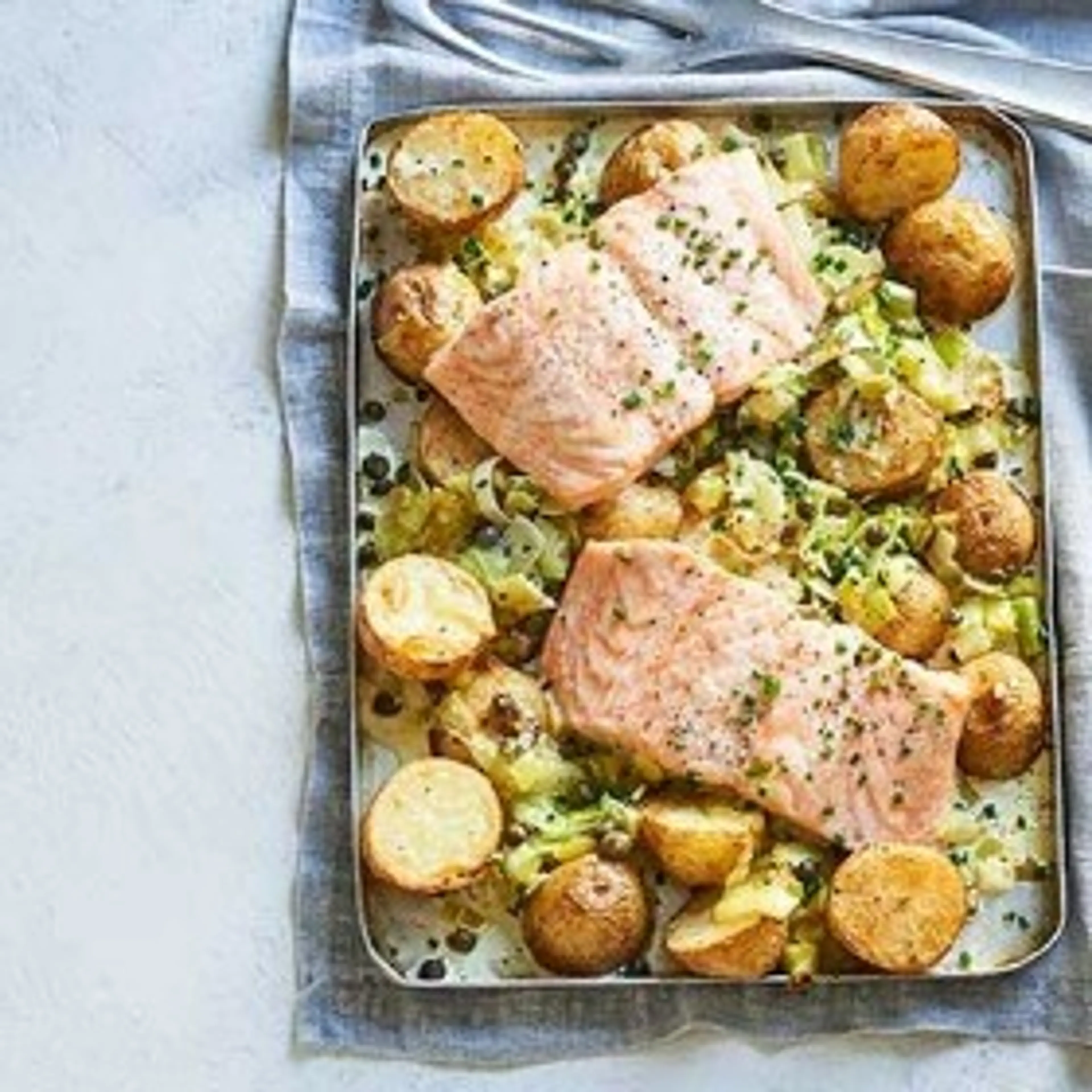 Creamy Salmon, Leek & Potato Traybake