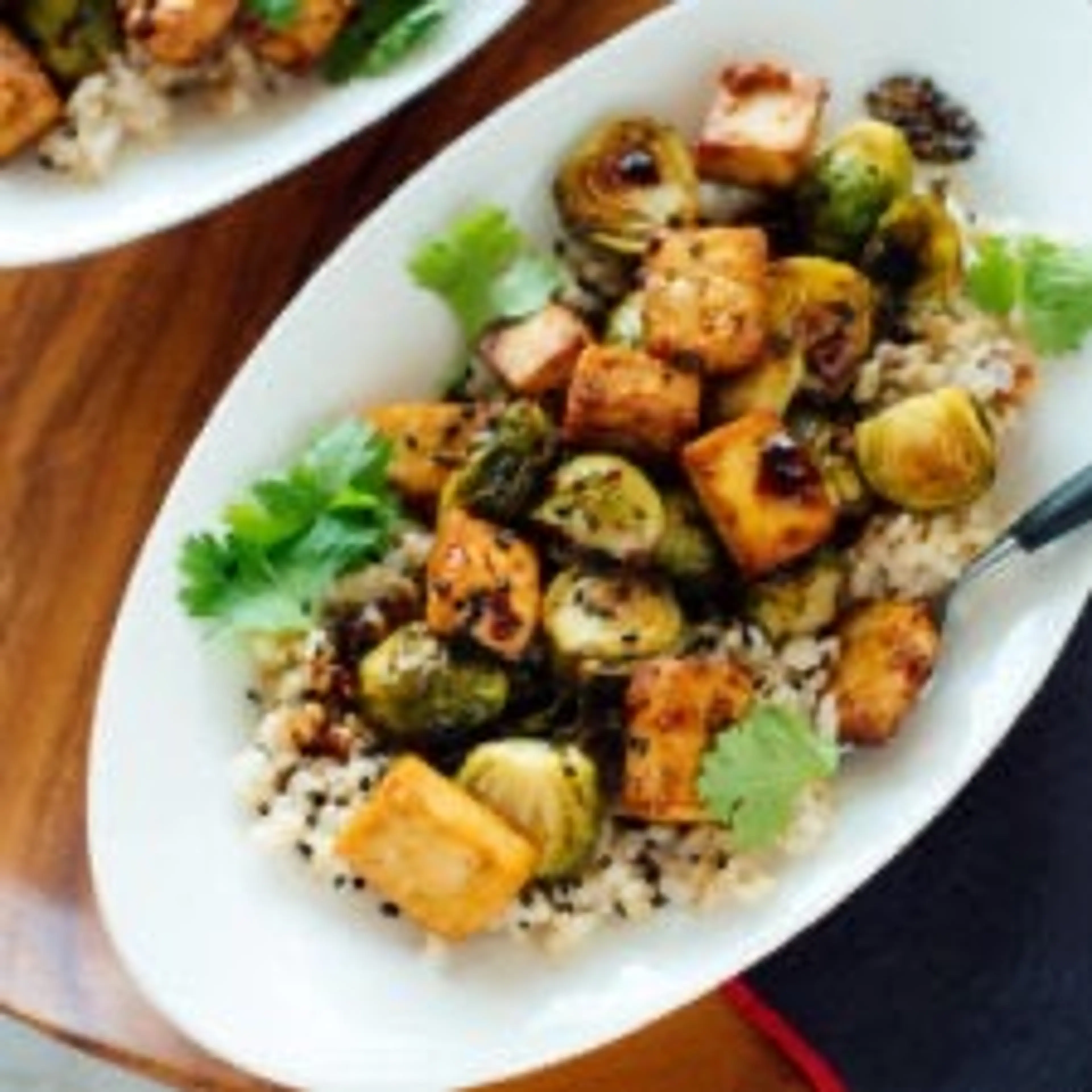 Roasted Brussels Sprouts and Crispy Baked Tofu with Honey-Se