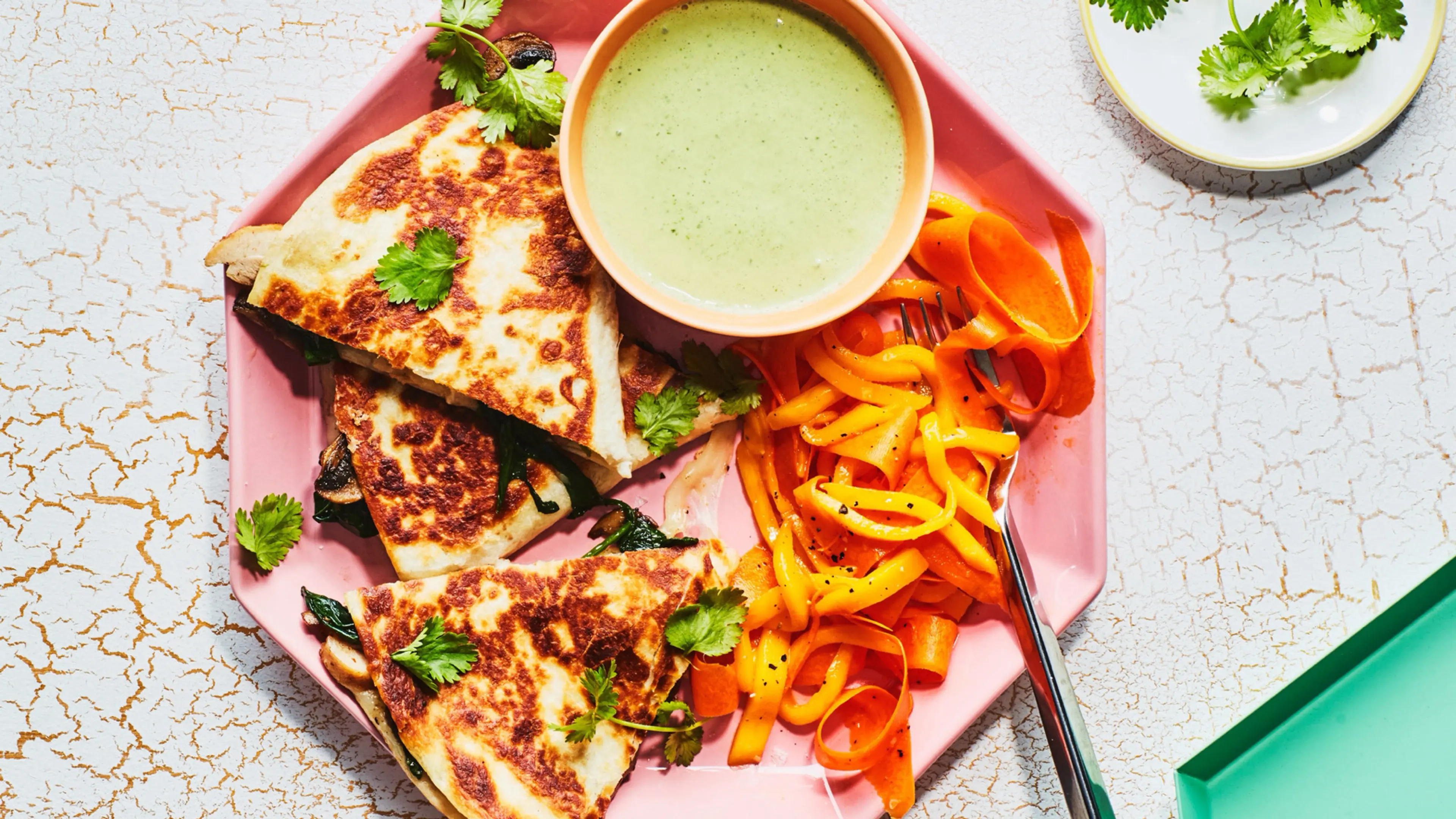 Chicken and Mushroom Quesadillas With Carrot and Mango Slaw