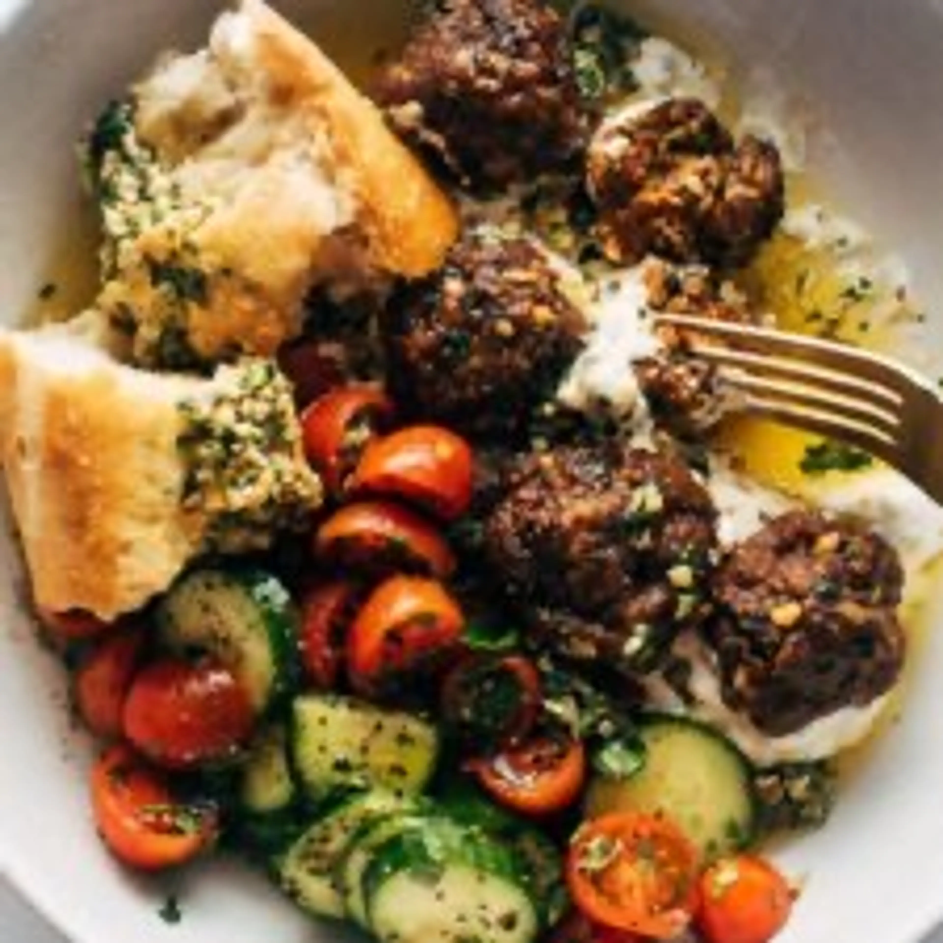 Sheet Pan Meatballs with Tomato Salad and Green Sauce