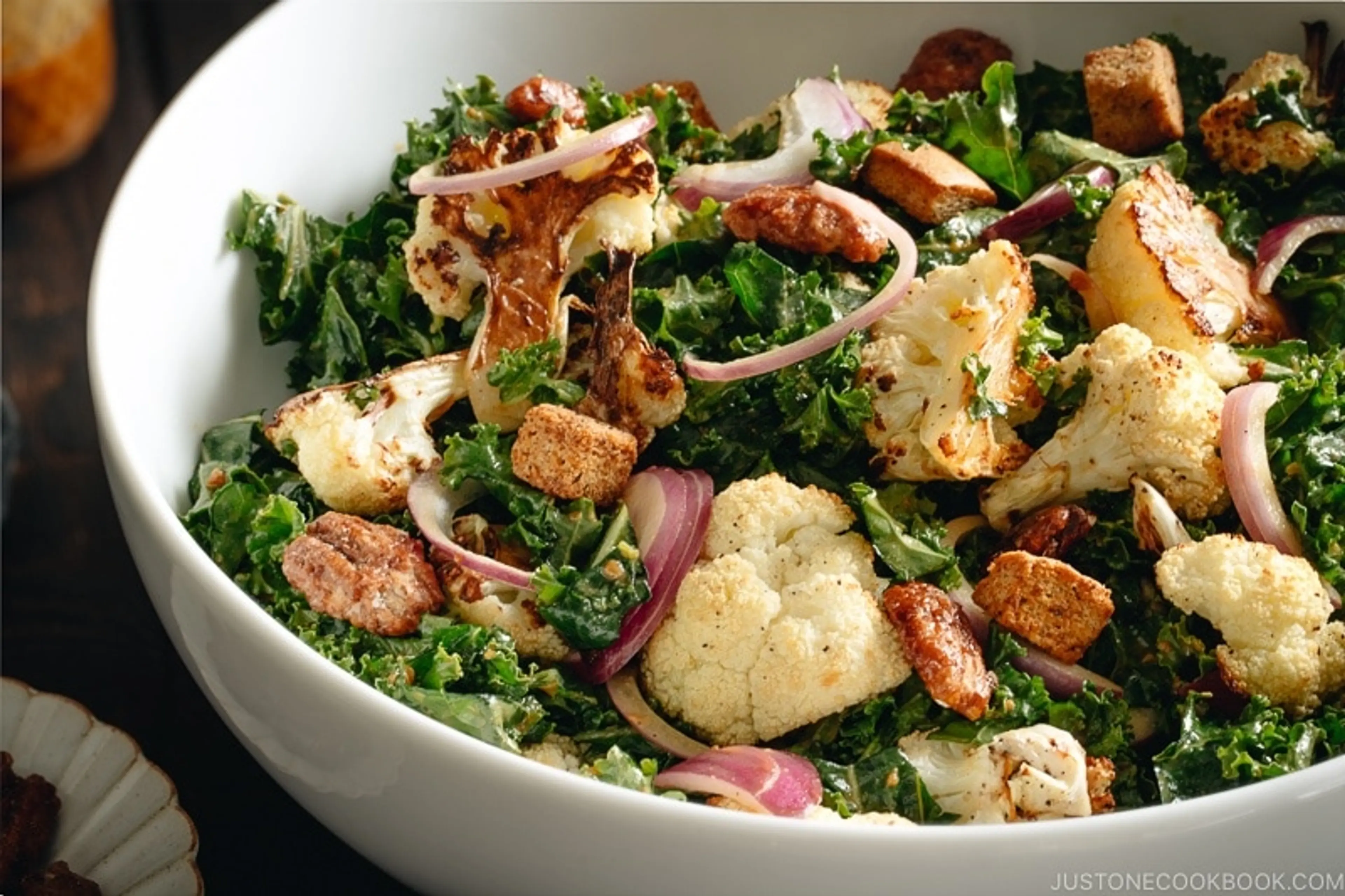 Roasted Cauliflower Kale Salad with Miso Tahini Dressing