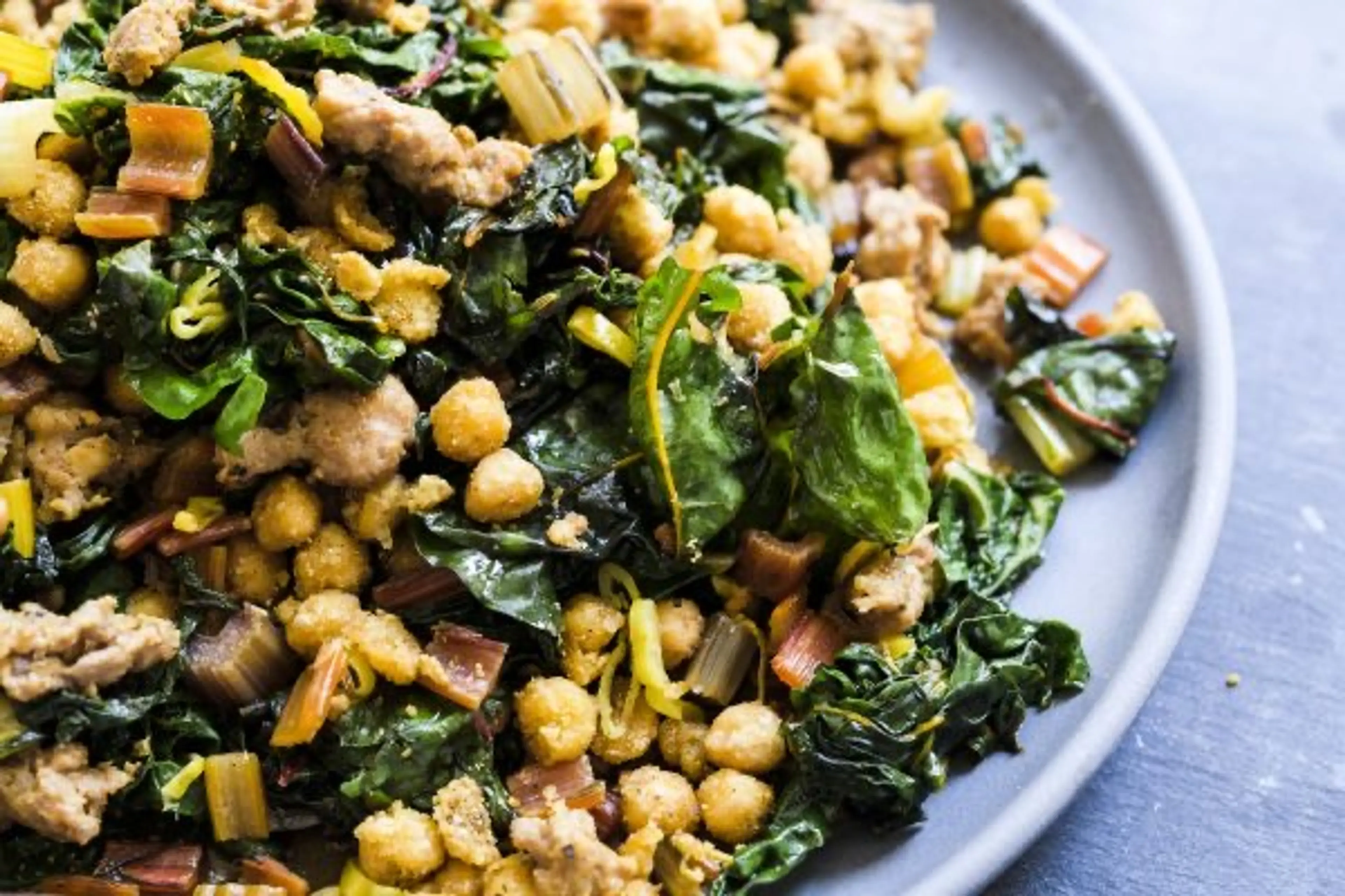 Chard and Sausage with Crispy Spiced Chickpeas