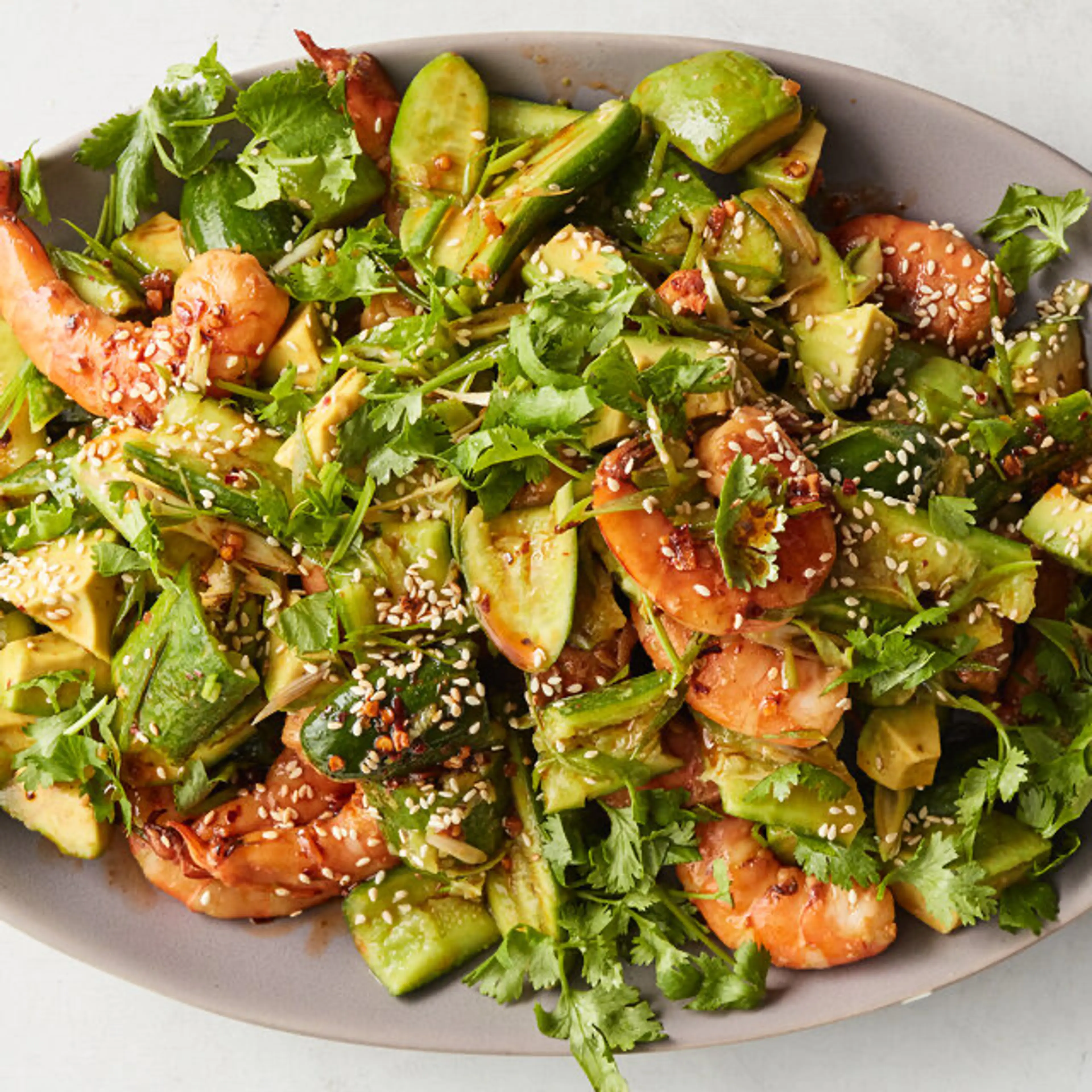 Smashed Cucumber, Avocado and Shrimp Salad