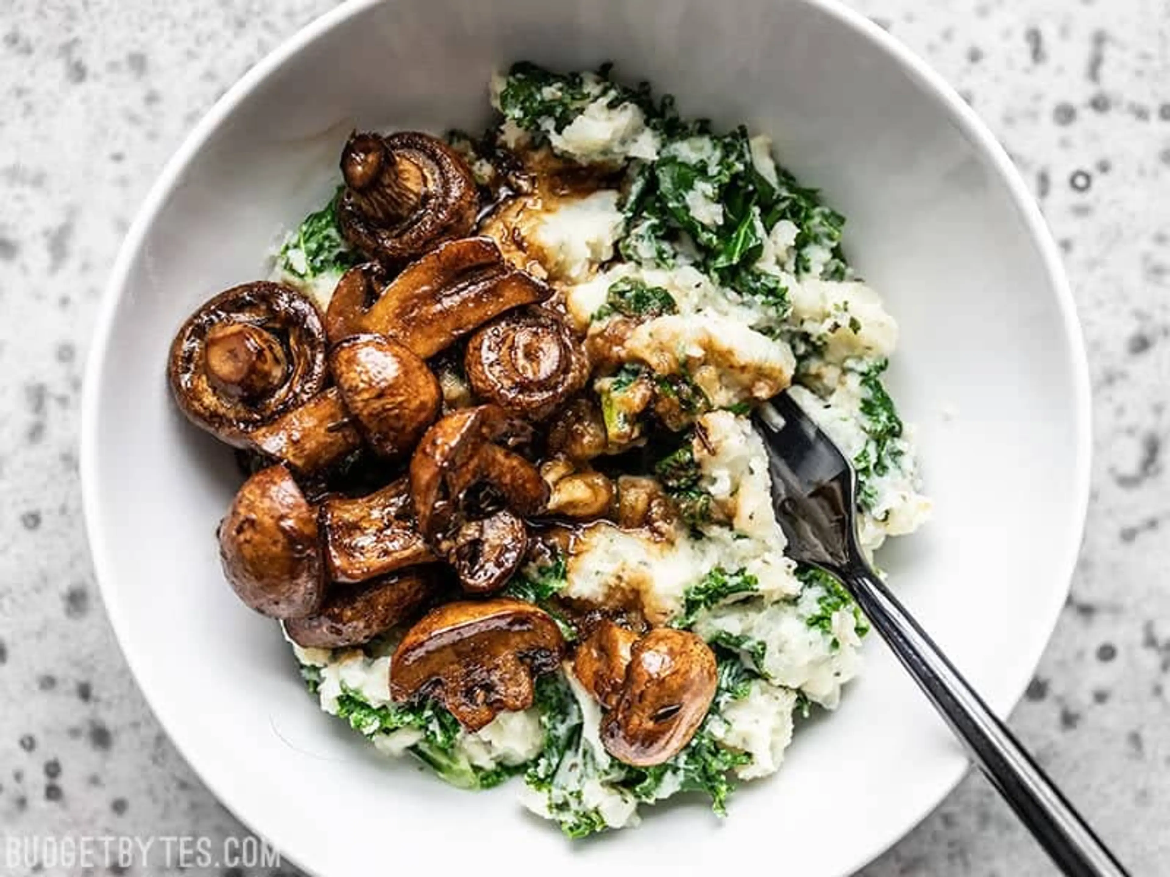 Balsamic Roasted Mushrooms with Herby Kale Mashed Potatoes