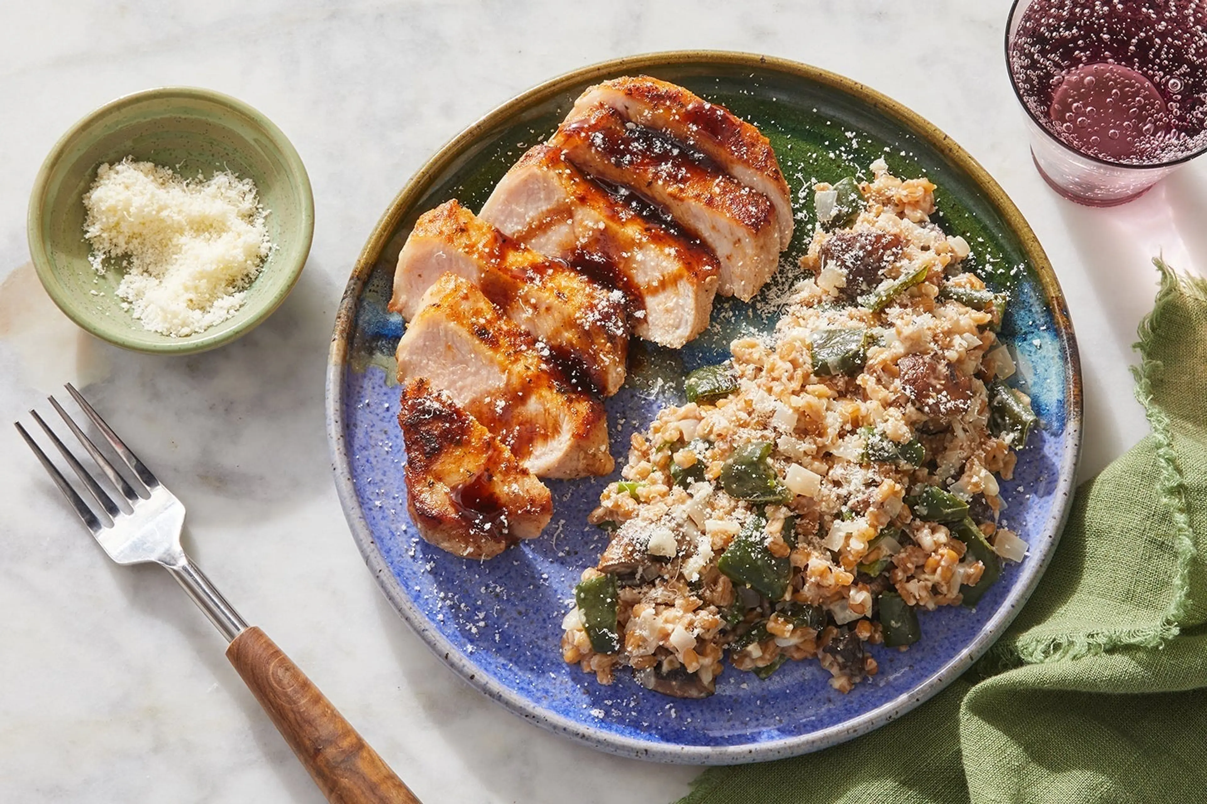 Pork Chops & Savory Pan Sauce with Roasted Pepper & Mushroom